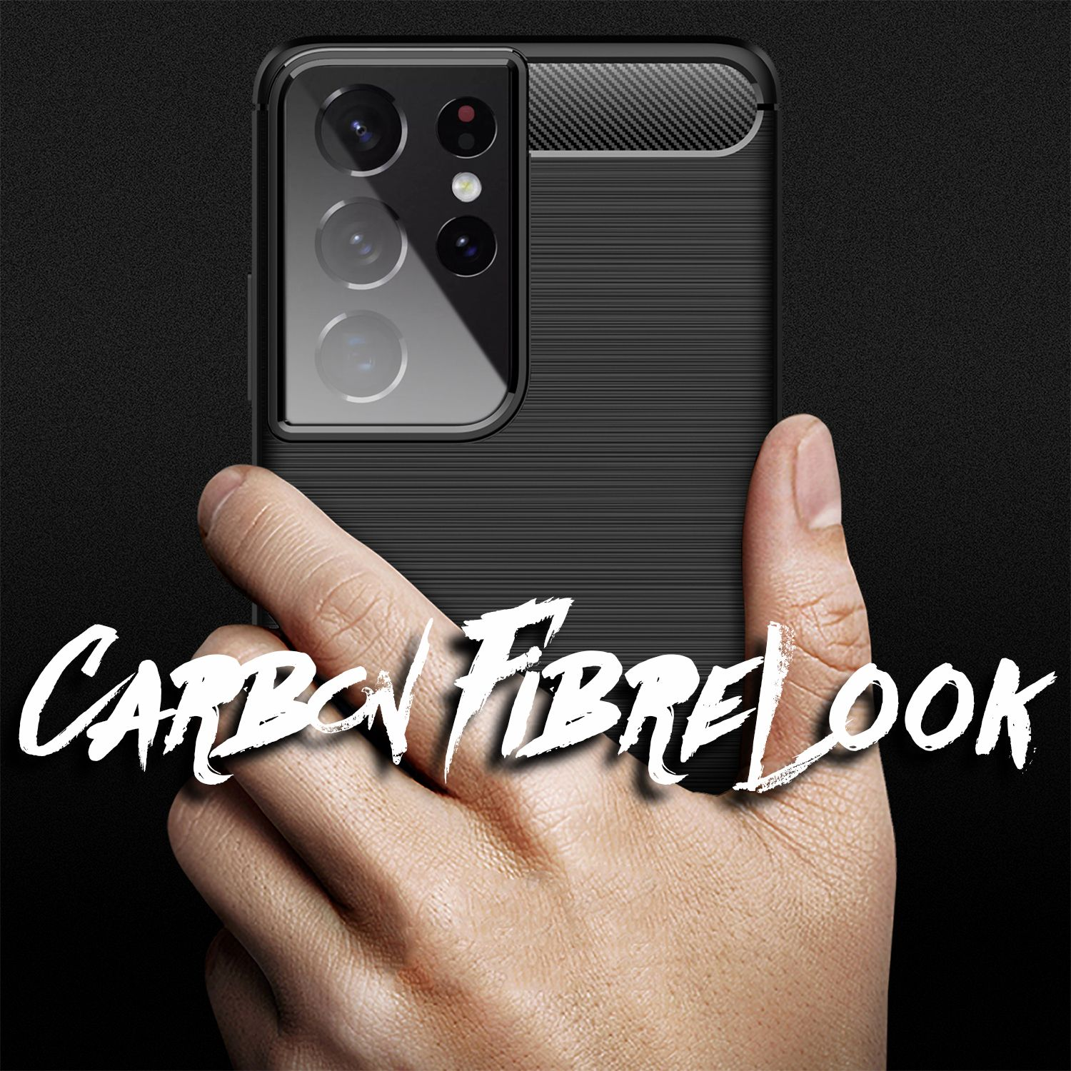 Schwarze Handyhülle mit Carbonfaser-Optik, die von einer Hand gehalten wird.