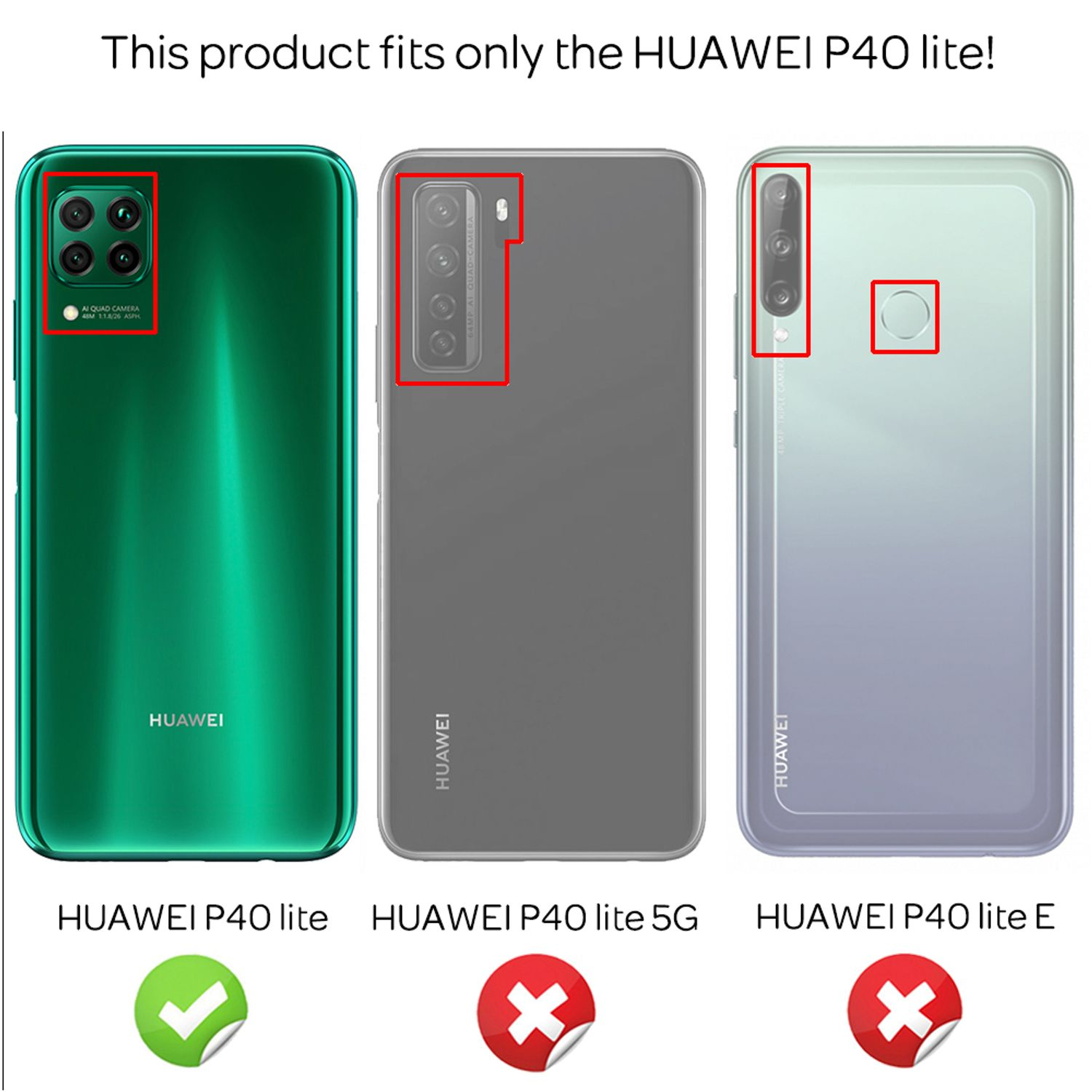 Tre telefoni Huawei: P40 lite (verde, 4 fotocamere), P40 lite 5G (grigio, 4 fotocamere) e P40 lite E (blu, 3 fotocamere).