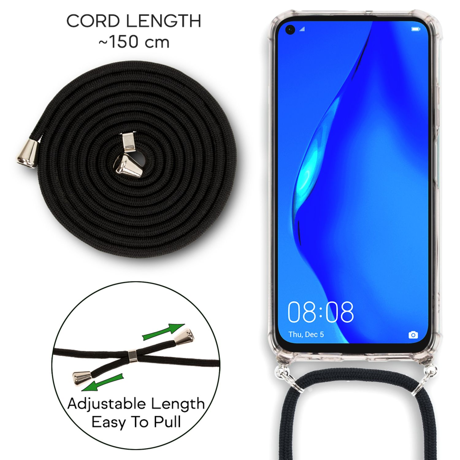 Laccio nero per telefono con finiture argentate, circa 150cm.