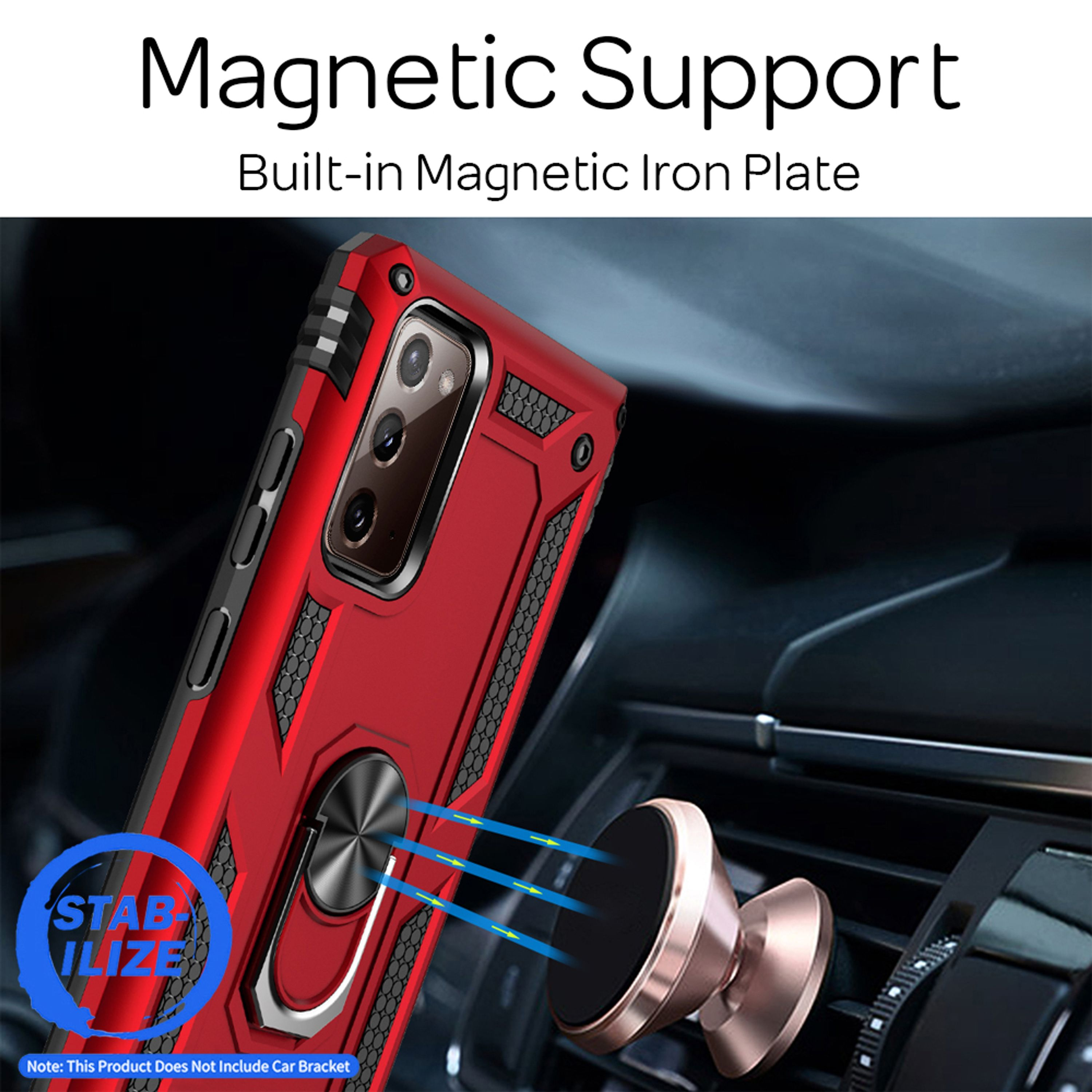 Custodia rossa per telefono con magnete e anello porta in un'auto. Testo: Magnetic Support.