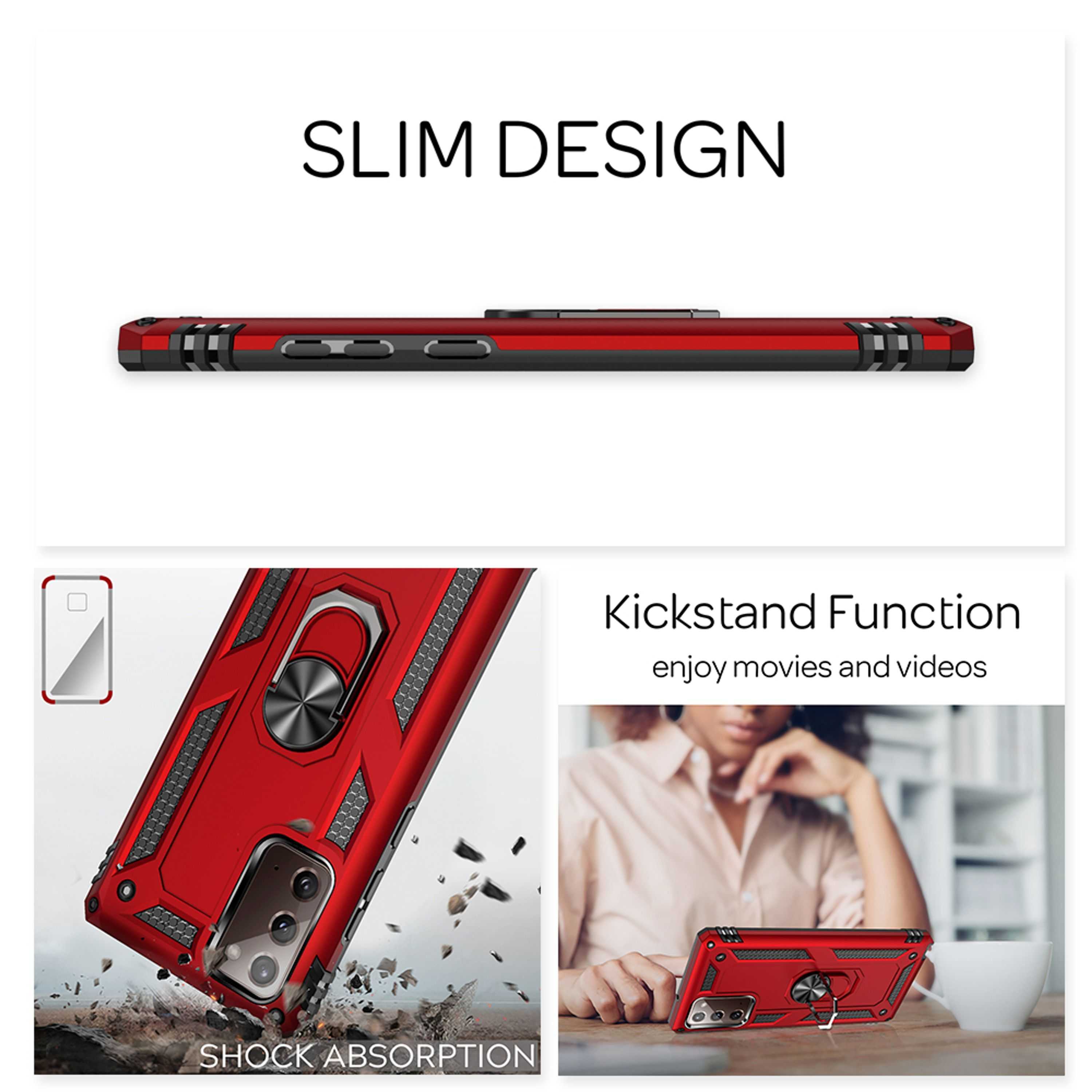 Custodia rossa per telefono con anello, assorbimento degli urti e funzione cavalletto.