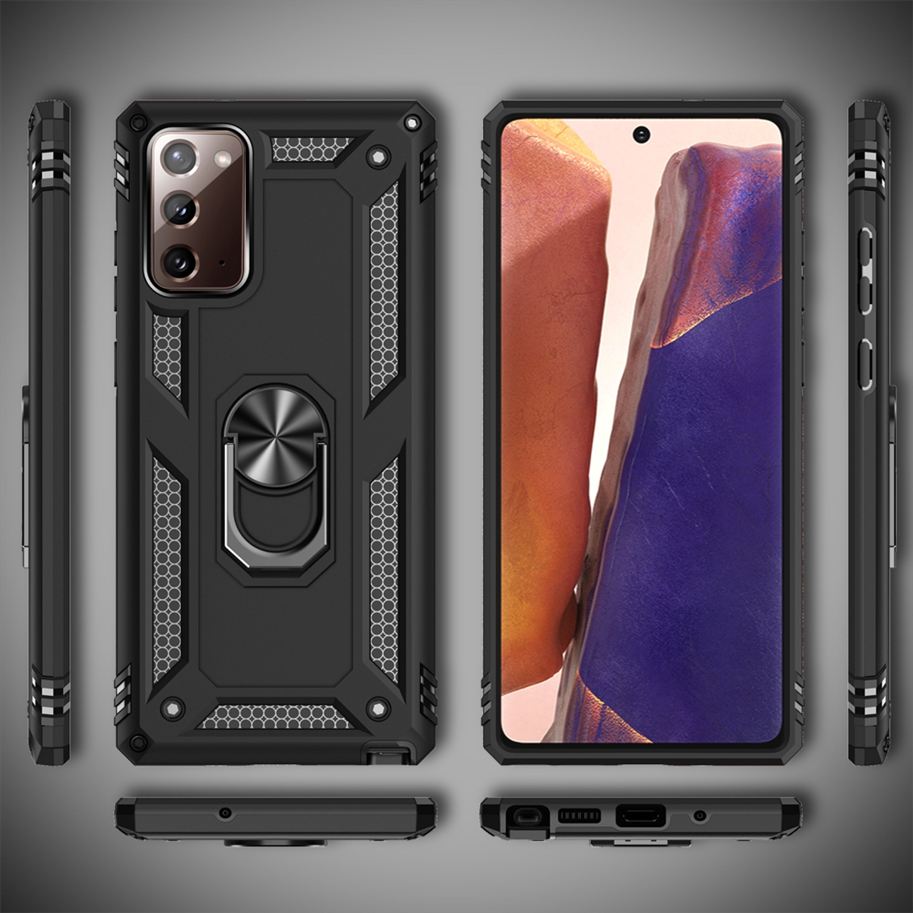Custodia nera per telefono con anello e protezione fotocamera, vista frontale e posteriore.