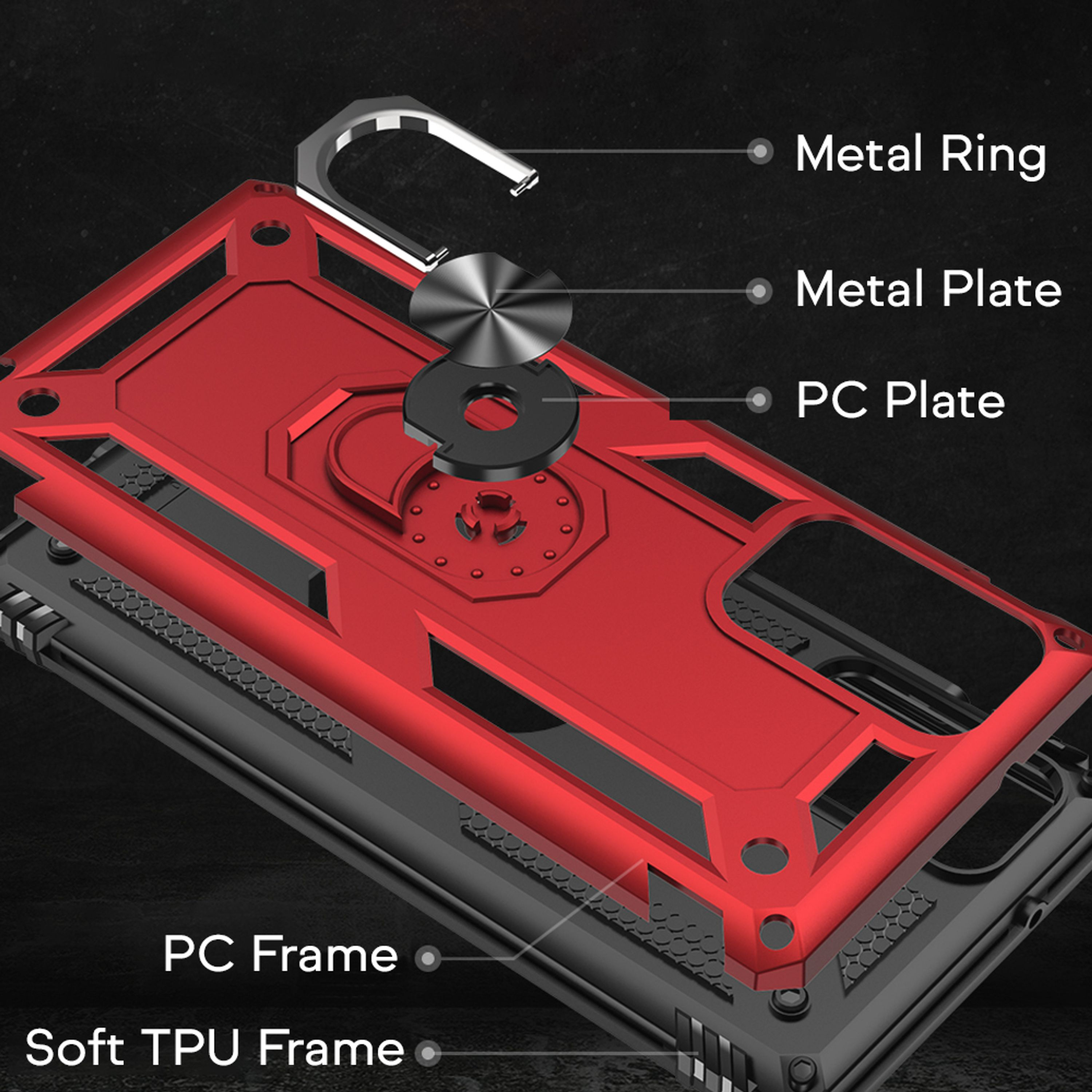 Vista esplosa di una custodia per telefono rossa che mostra anello in metallo, piastra in metallo, piastra PC, telaio PC e telaio in TPU morbido.