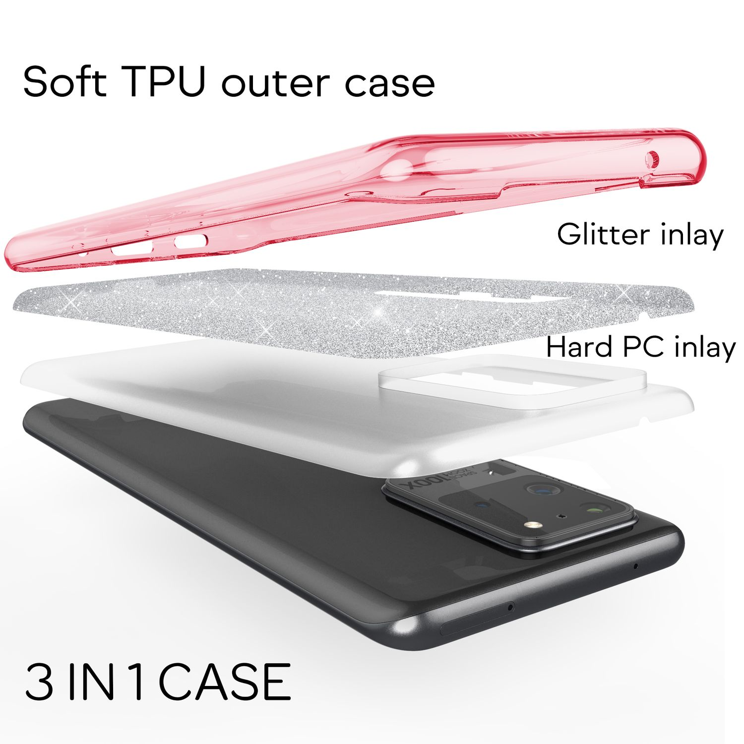 Explosionszeichnung einer 3-in-1-Handyhülle mit rotem TPU, Glitzer und Hart-PC-Inlay.