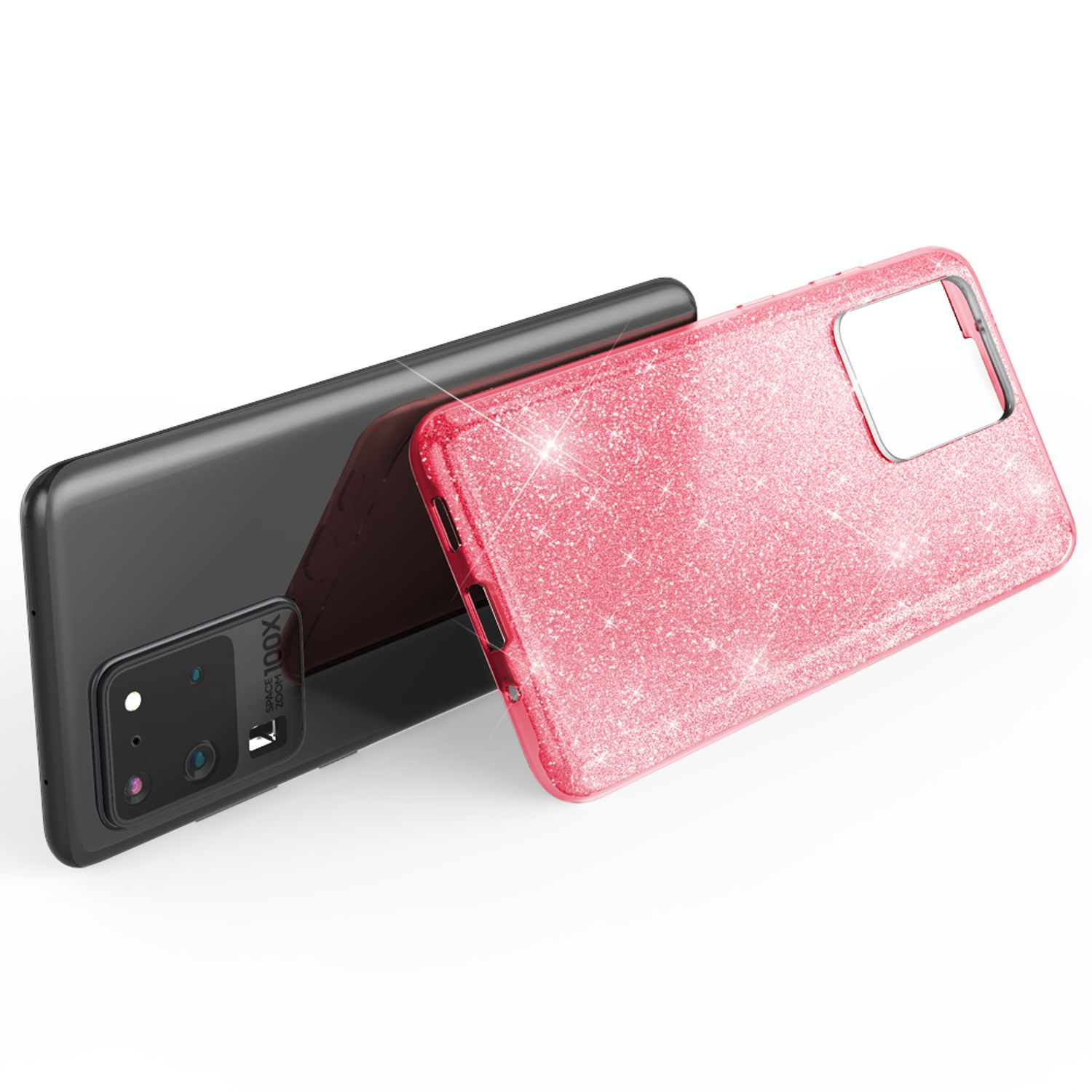 Ein schwarzes Smartphone mit einer pinken Glitzerhülle liegt auf weißem Untergrund.