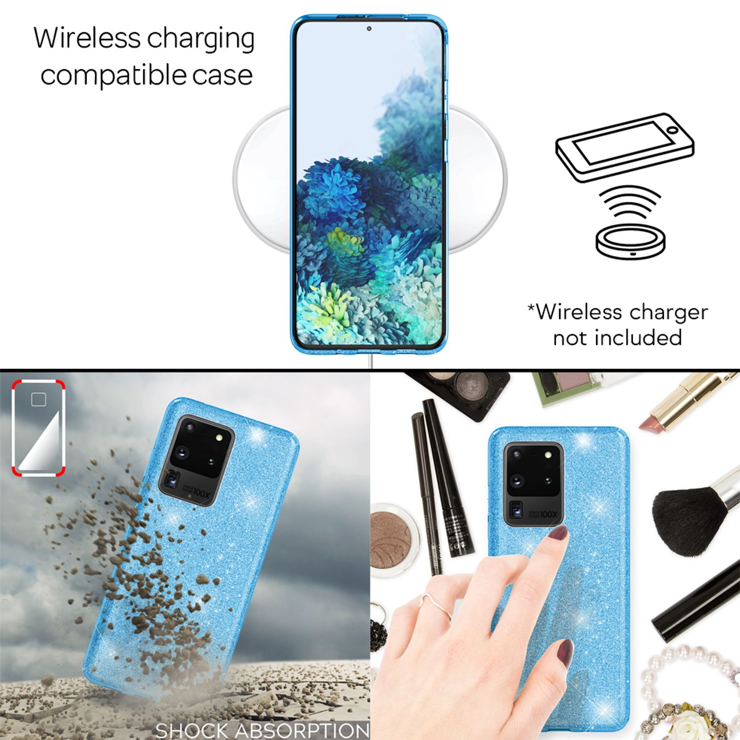 Ein hellblaues Glitzer-Handyhülle für ein Smartphone, das auf einem kabellosen Ladegerät liegt.