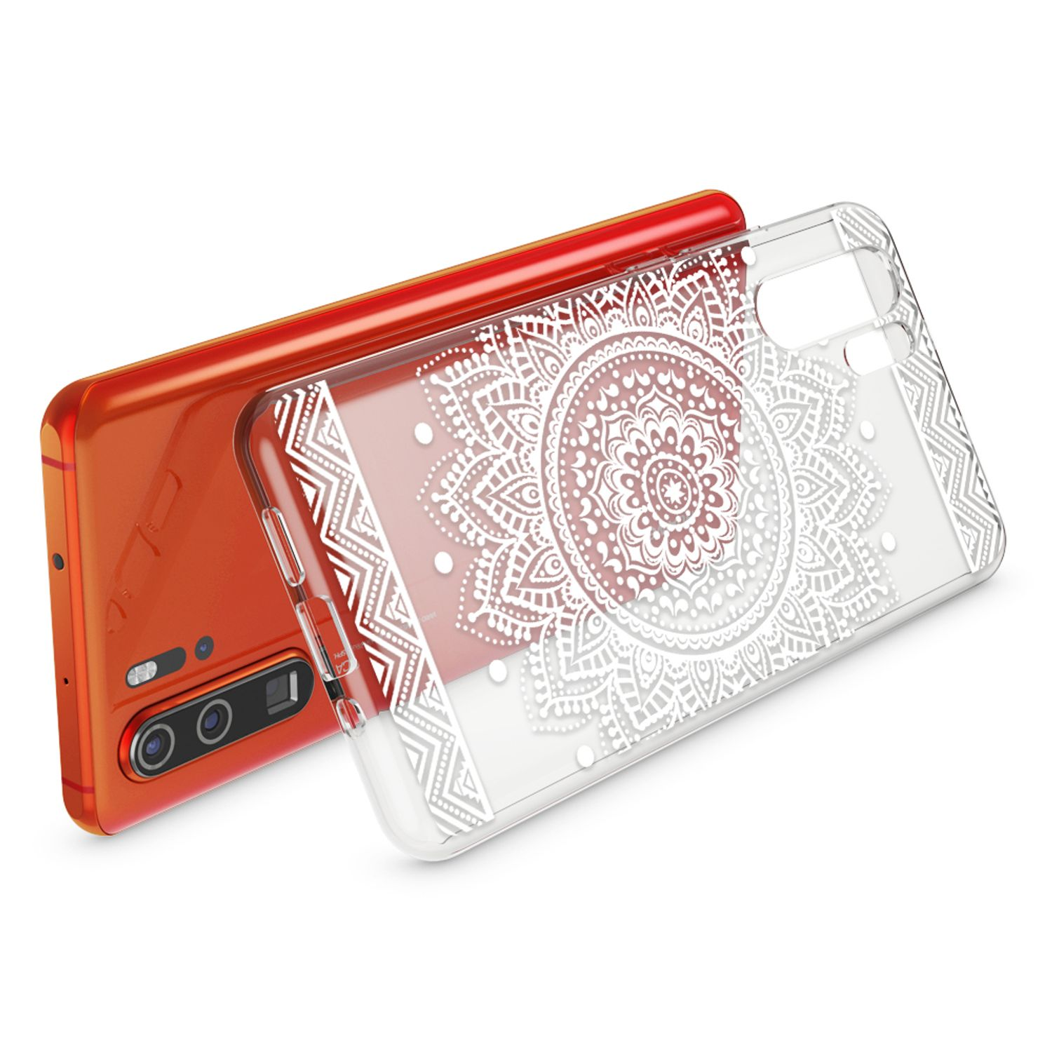Ein orangefarbenes Smartphone mit einer durchsichtigen Hülle mit Mandalamuster.