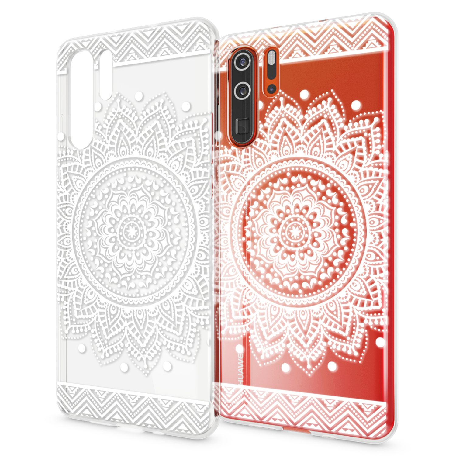 Zwei Handyhüllen mit Mandala-Muster, eine transparent, eine rot.