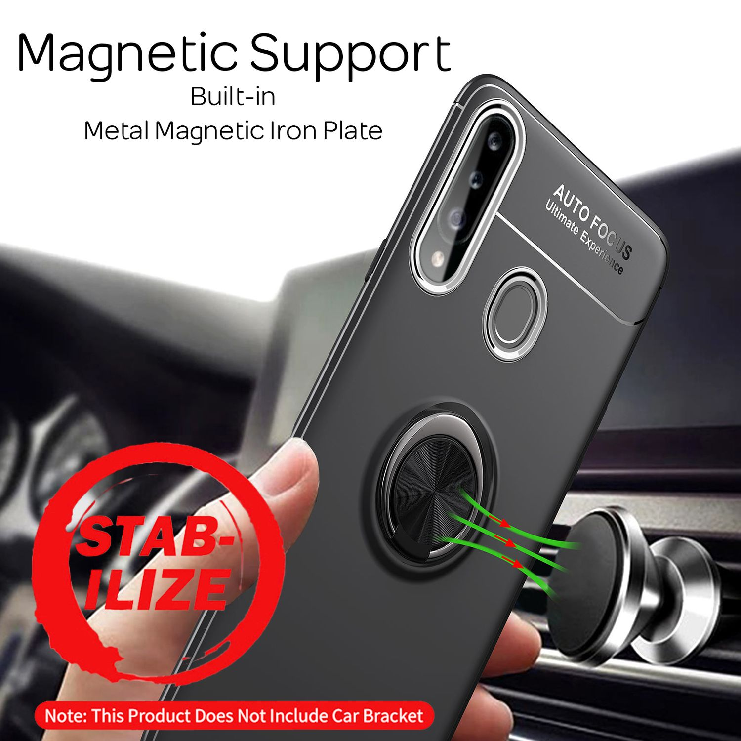 Schwarze Handyhülle mit Magnetring und Halterung im Auto.