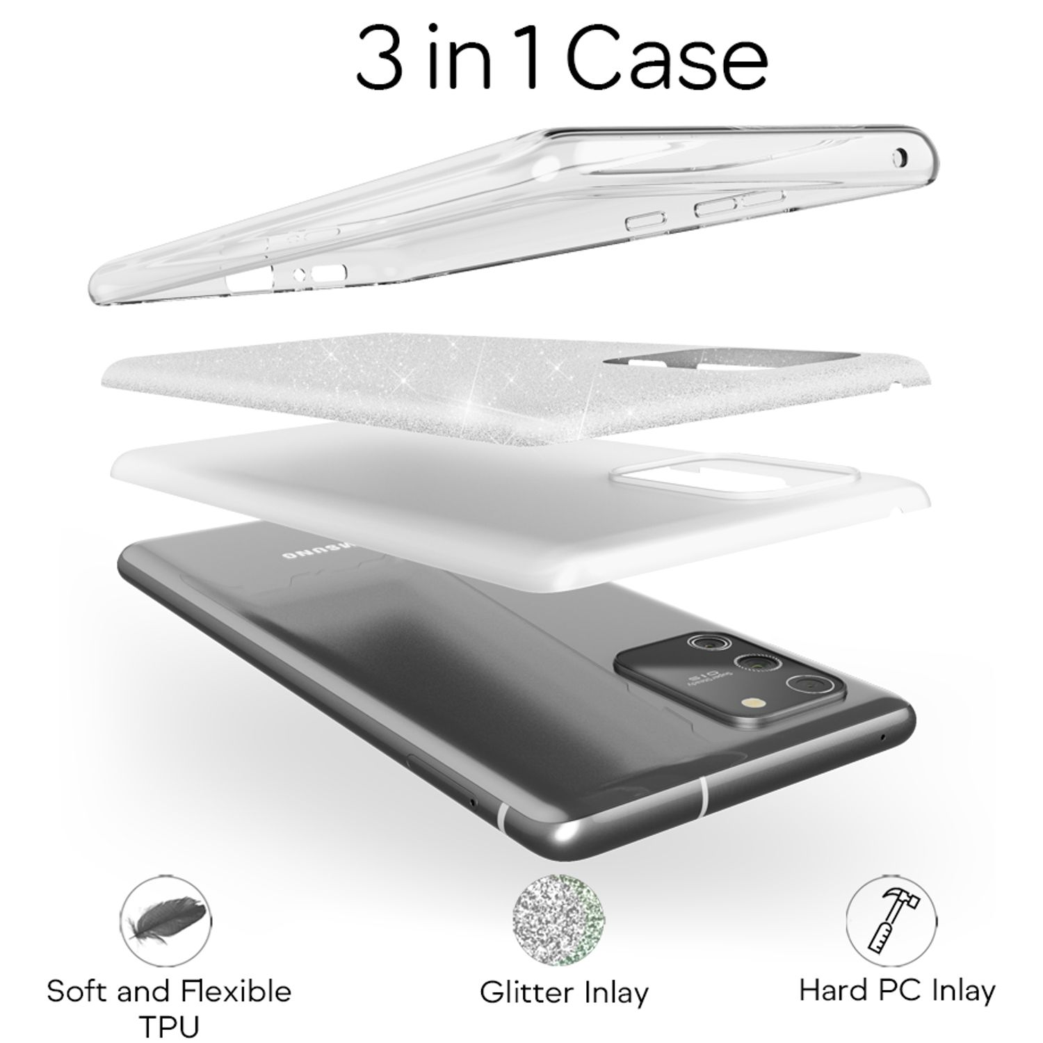 Explodierte Ansicht einer 3-in-1-Handyhülle mit weichem TPU, Glitzer und Hart-PC-Einsatz.