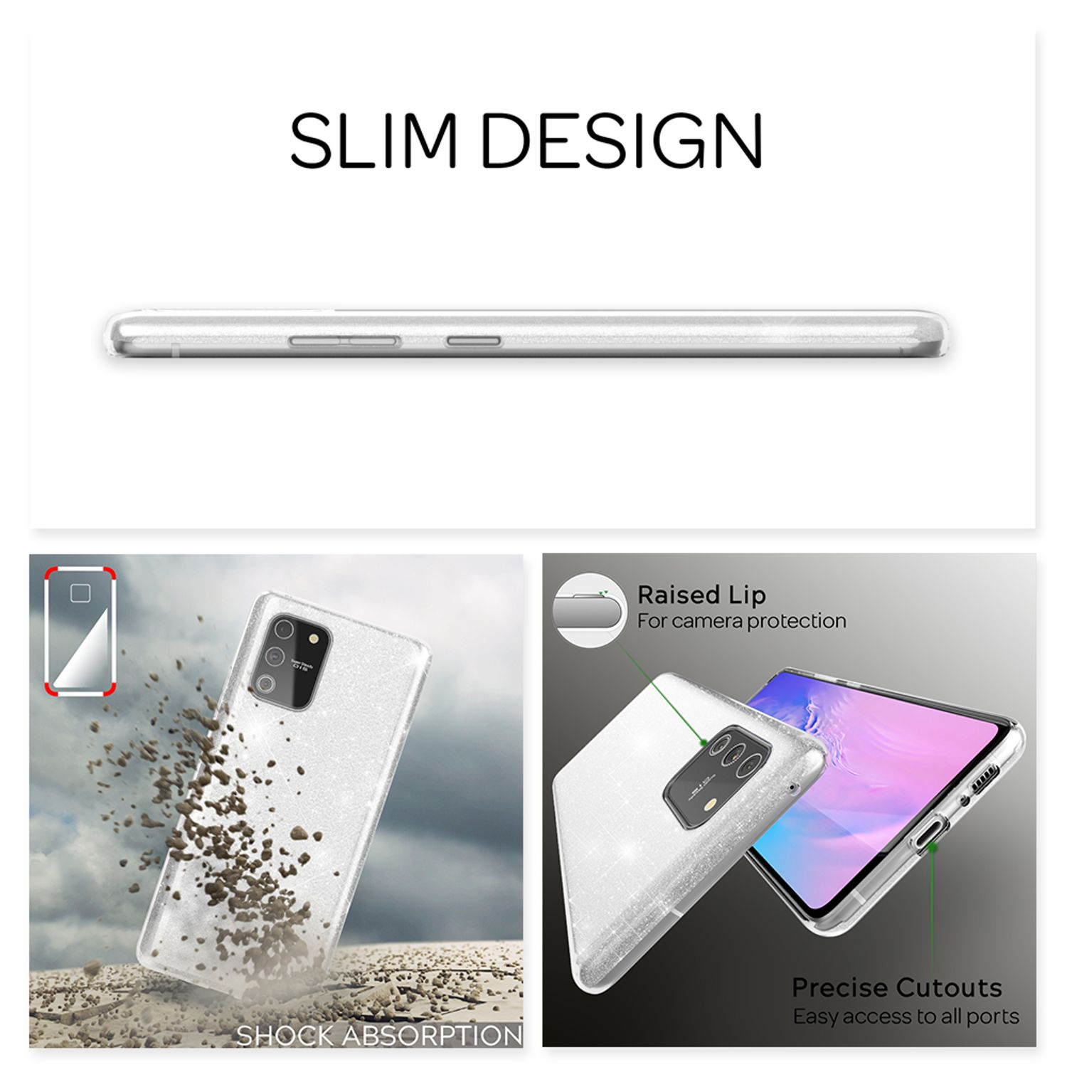 Handyhülle mit schlankem Design, Stoßdämpfung, erhöhter Lippe und präzisen Aussparungen.