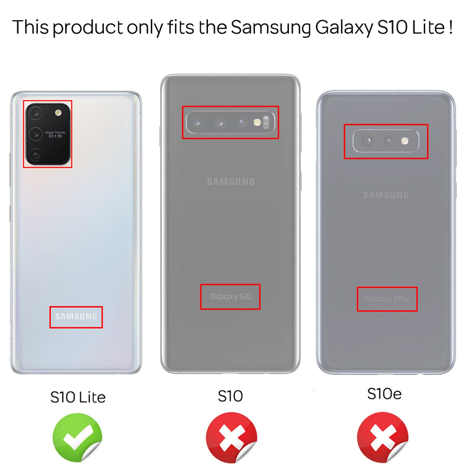 Drei Samsung-Handys: S10 Lite, S10, S10e. Nur S10 Lite passt.