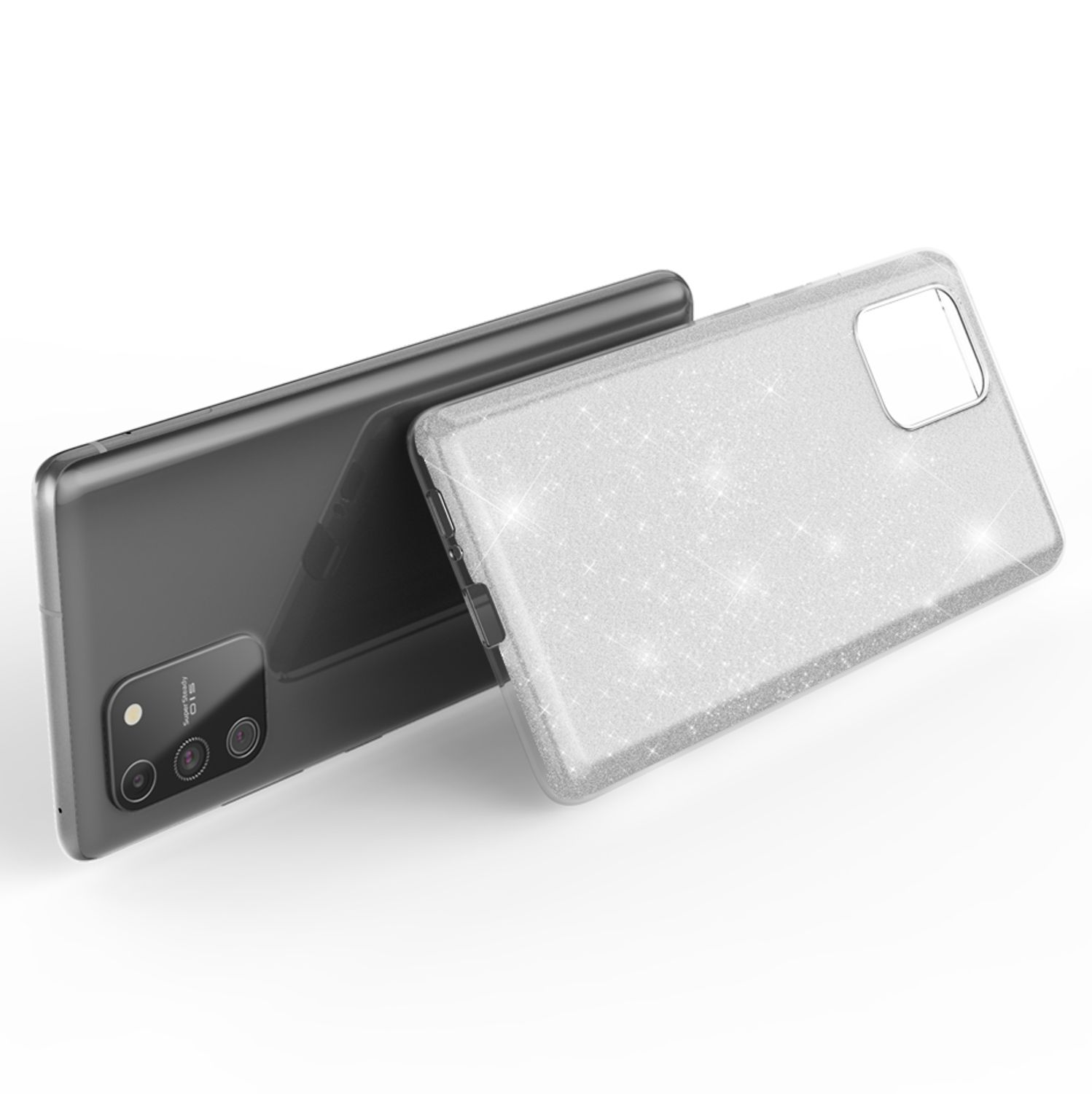 Ein graues Smartphone mit einer glitzernden silbernen Hülle daneben auf weißem Hintergrund.