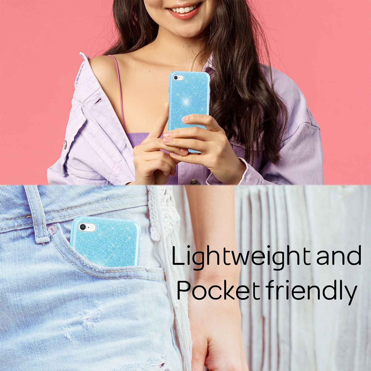 Una donna tiene una custodia per telefono azzurra glitterata, un'altra è in una tasca di jeans.