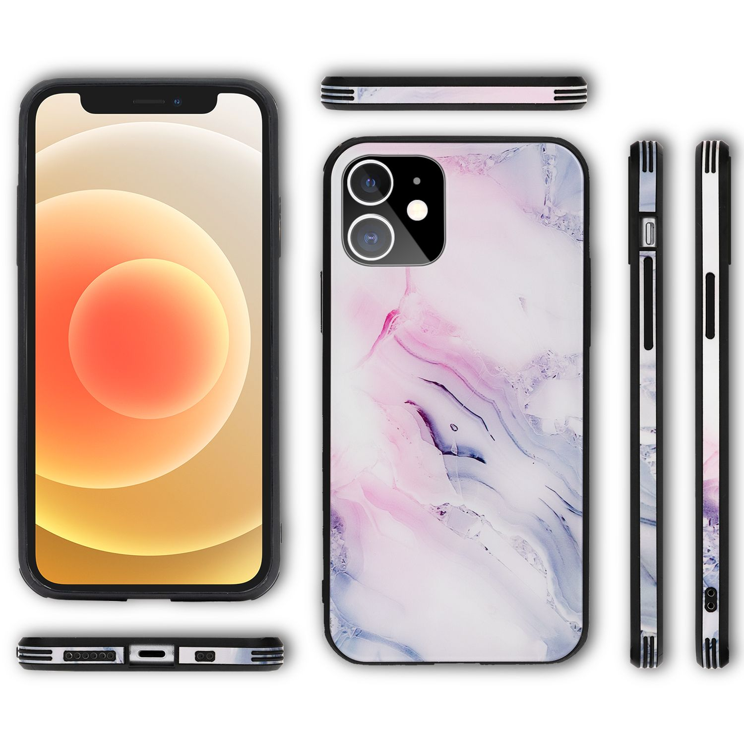 Ein Smartphone mit Marmormuster Hülle und verschiedenen Ansichten.