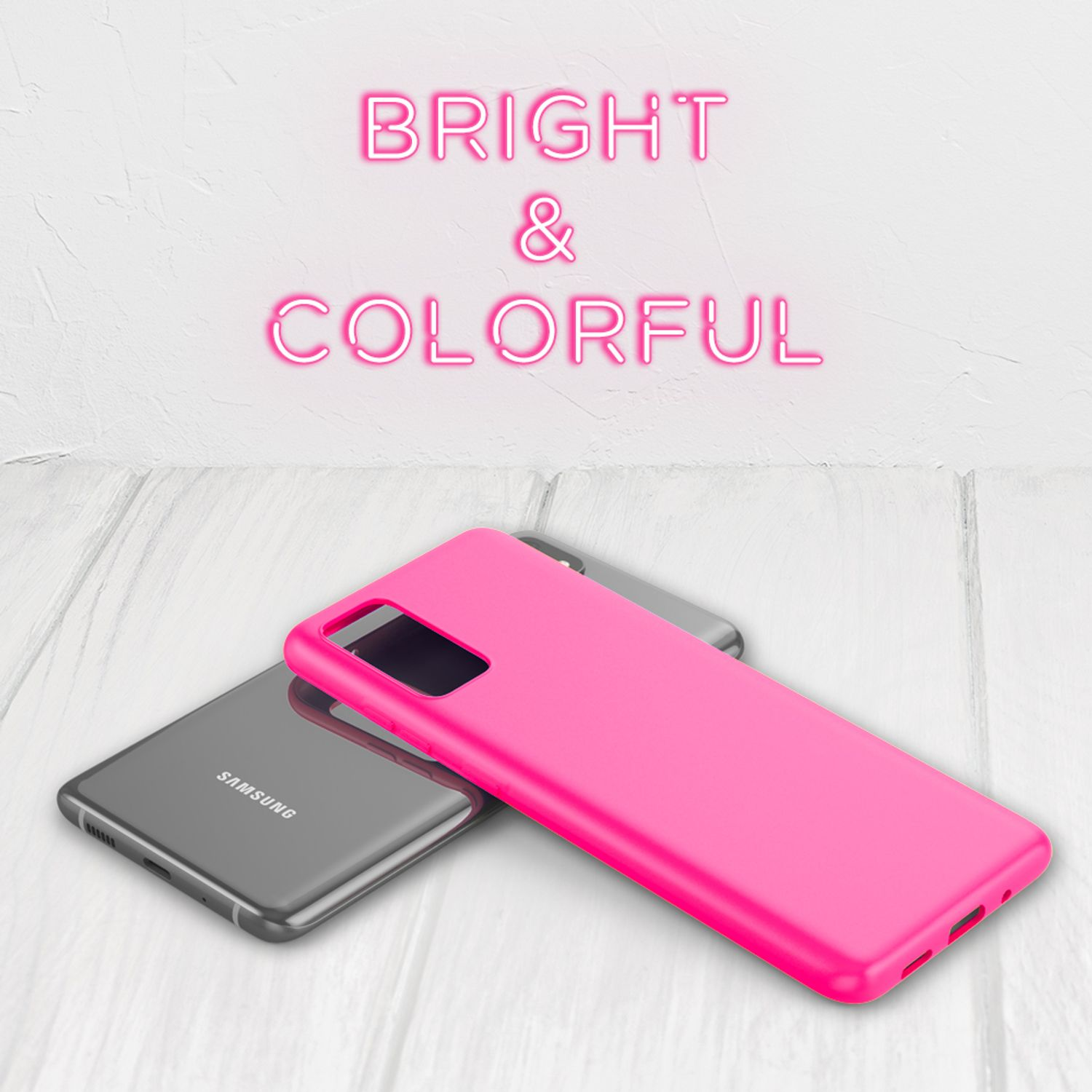 Ein pinker Handyhülle liegt neben einem grauen Samsung-Handy.