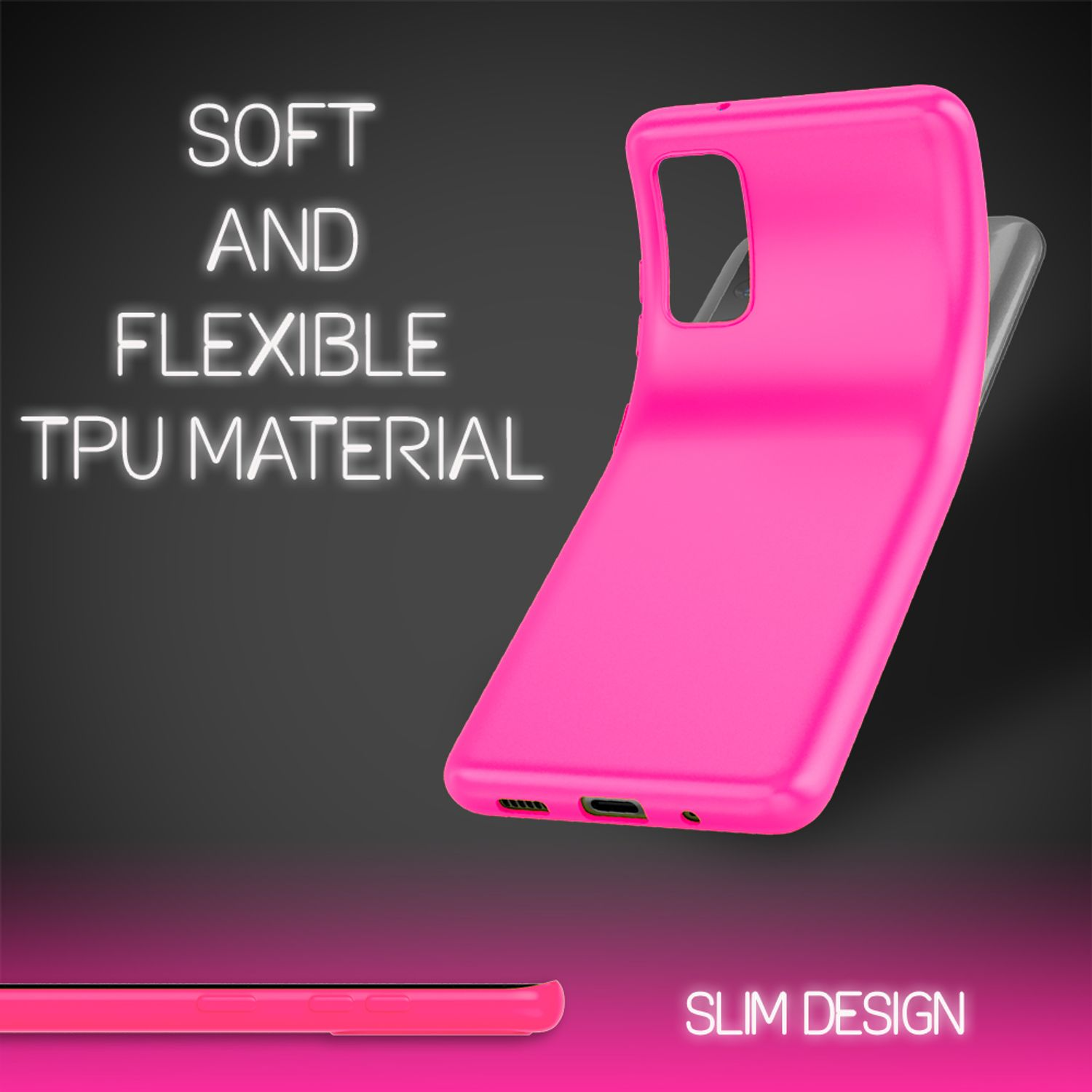 Eine leuchtend pinke Handyhülle aus flexiblem TPU-Material, die einen schlanken Design-Aufdruck zeigt.