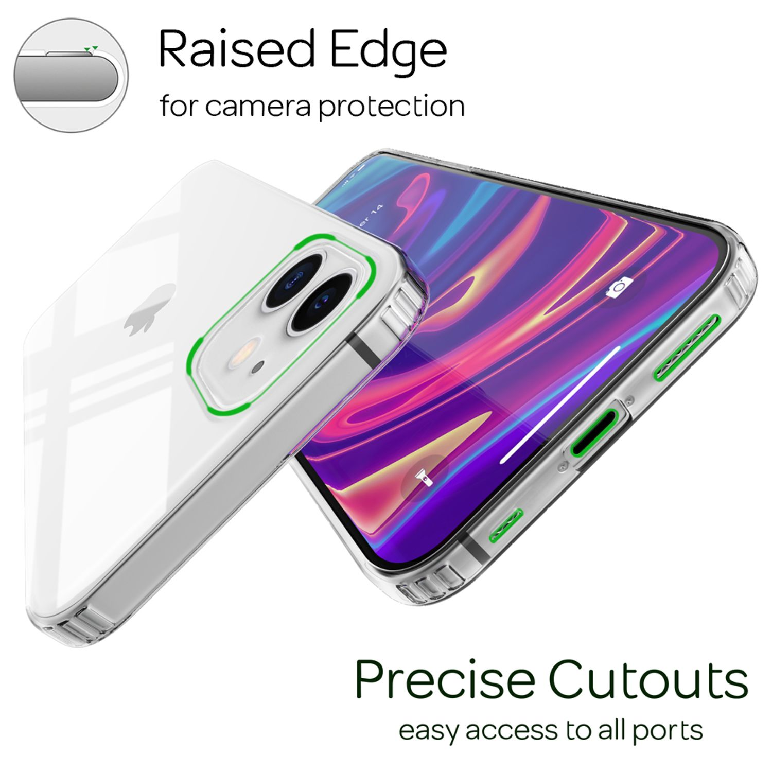 Custodia trasparente per telefono con accenti verdi su uno smartphone con sfondo colorato.