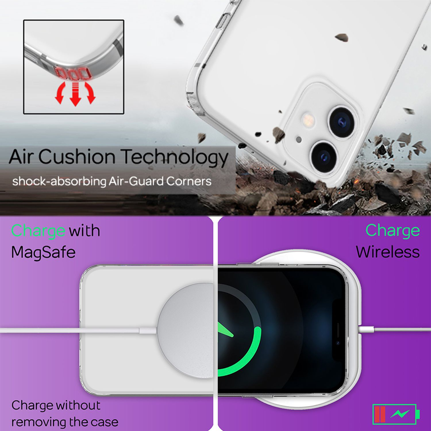 Tecnologia Air Cushion; Ricarica MagSafe e wireless con custodia iPhone.