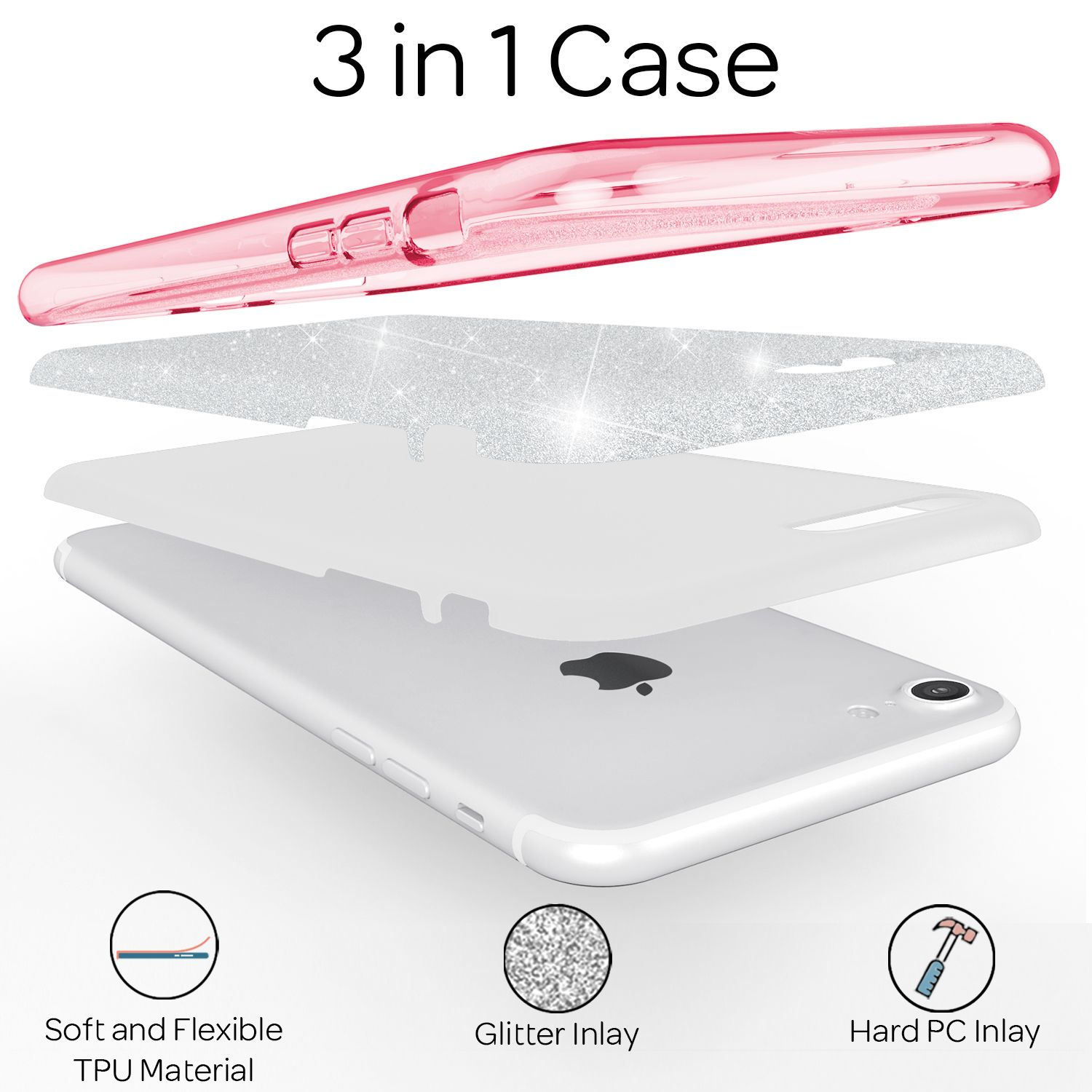 Vista esplosa di una cover per telefono 3 in 1 rosa con glitter e inserto in PC rigido.