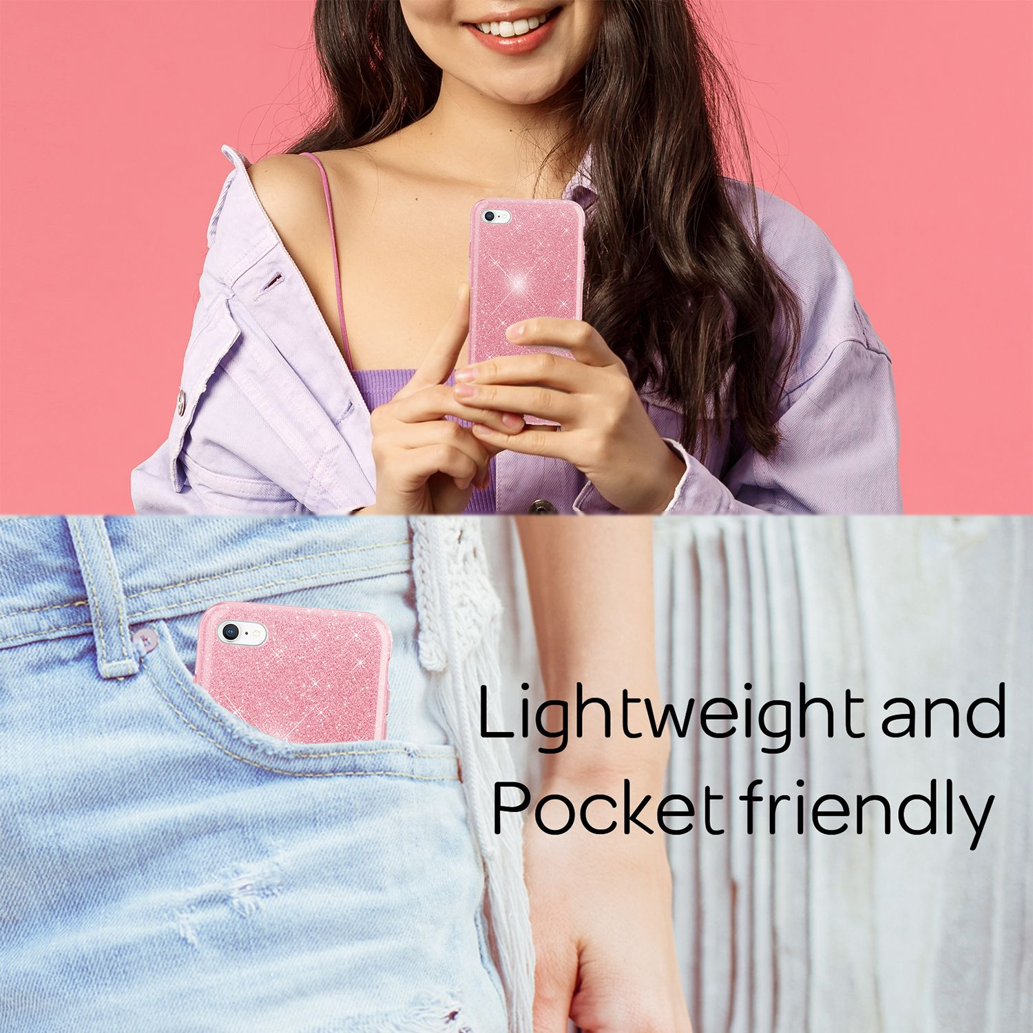 Una donna tiene un telefono rosa scintillante. È anche in una tasca di jeans.