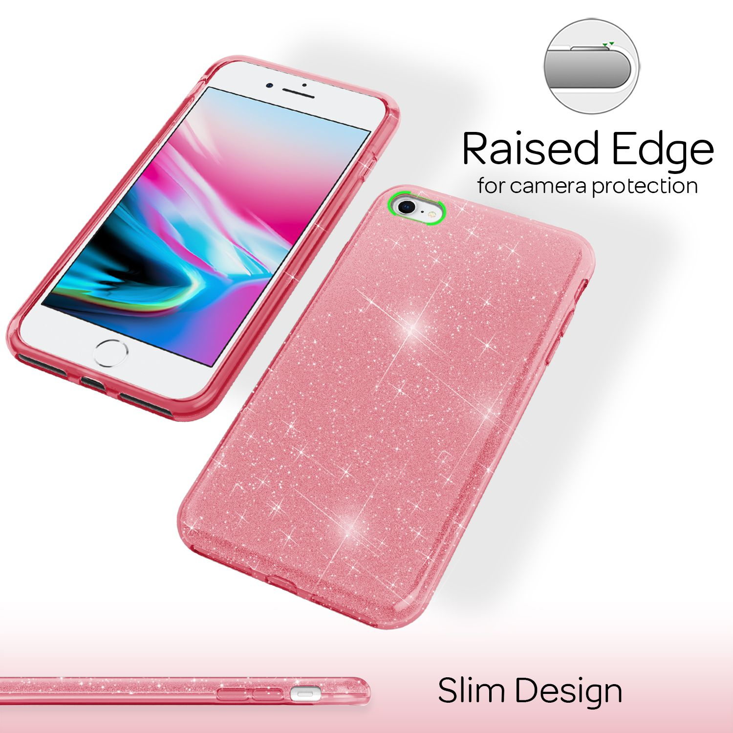 Custodia rosa glitter con bordo rialzato e design sottile mostrata su un telefono.