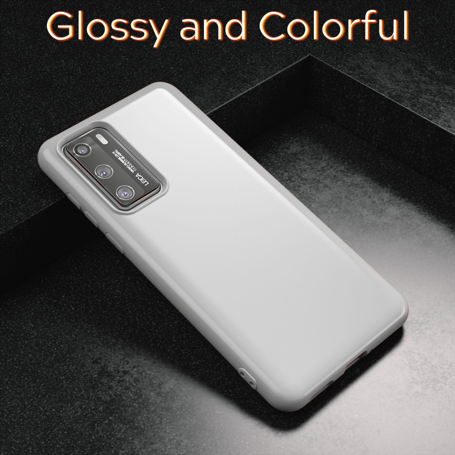 Ein weißes Handy mit einer Kameraeinheit auf einem dunklen, strukturierten Hintergrund.