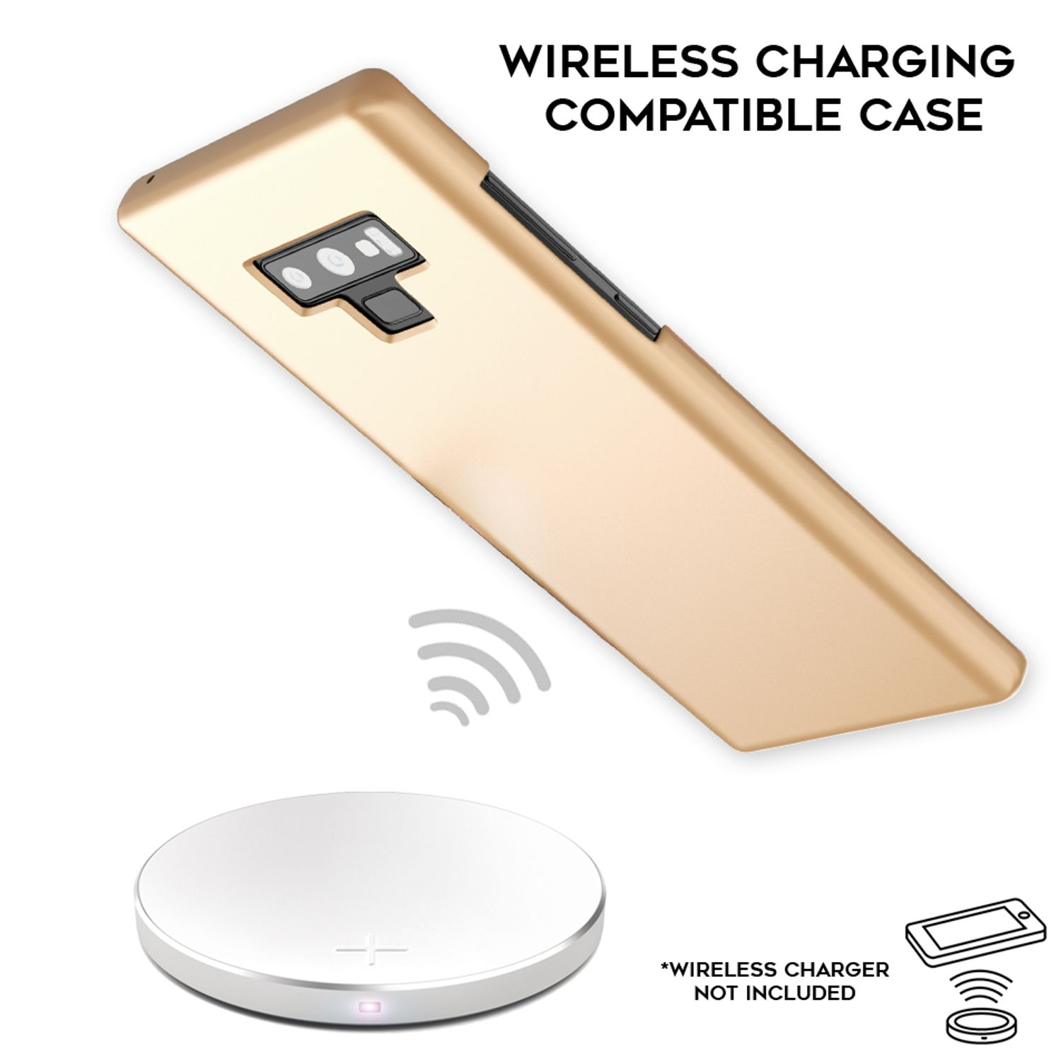 Custodia dorata per telefono accanto a un caricabatterie wireless bianco.