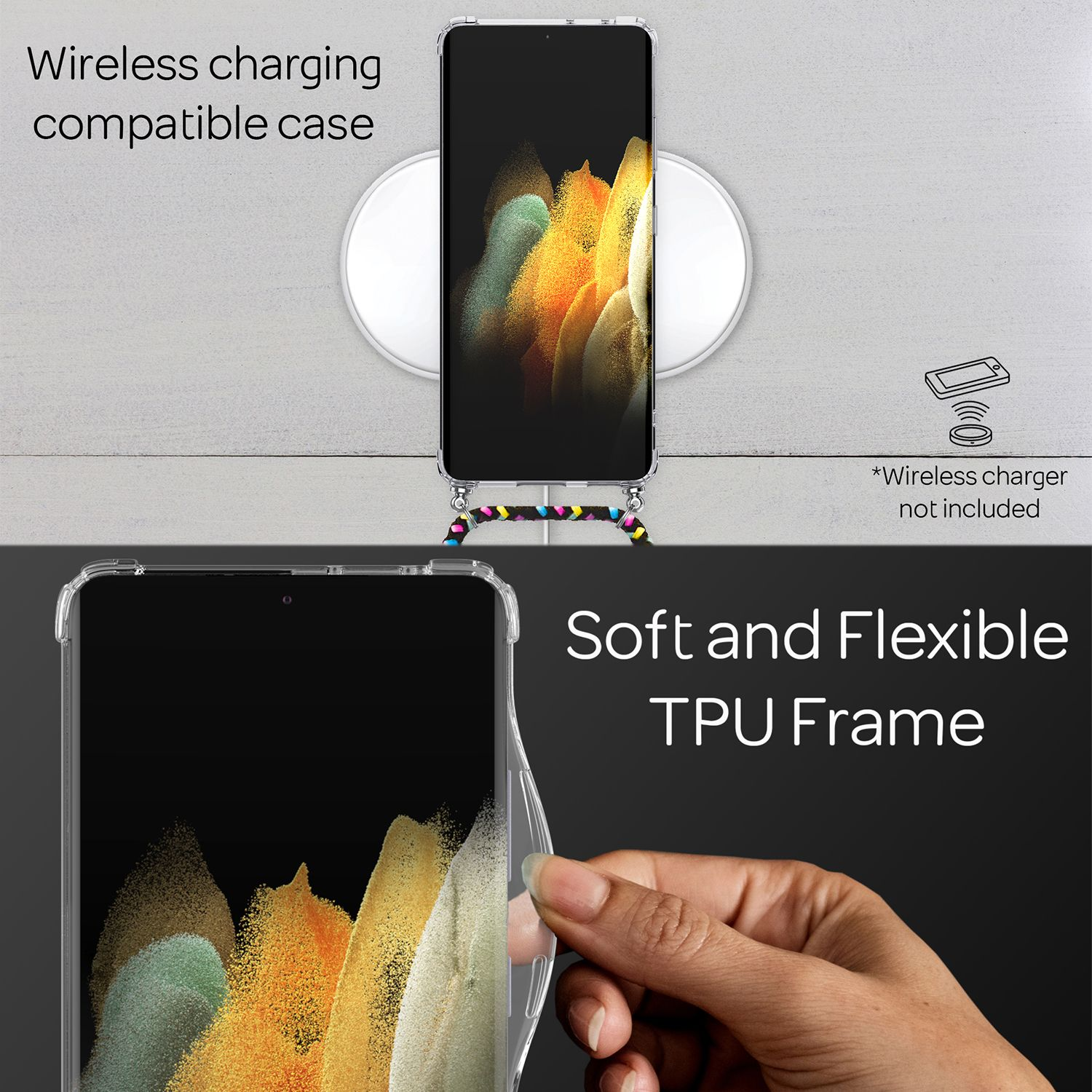 Uno smartphone in custodia appoggiato su un pad di ricarica wireless.