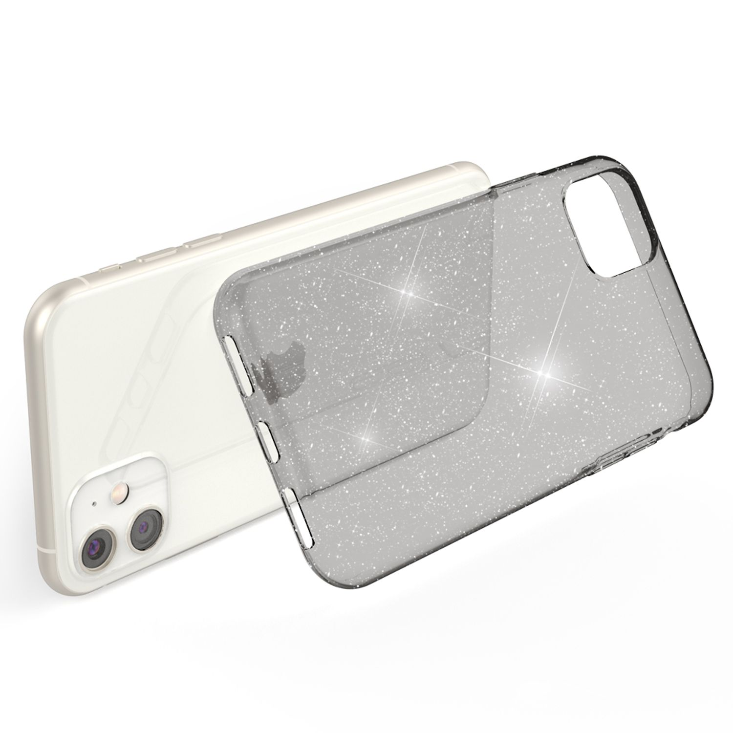 Transparente Handyhülle mit Glitzerpartikeln, die auf einem weißen Smartphone liegt.