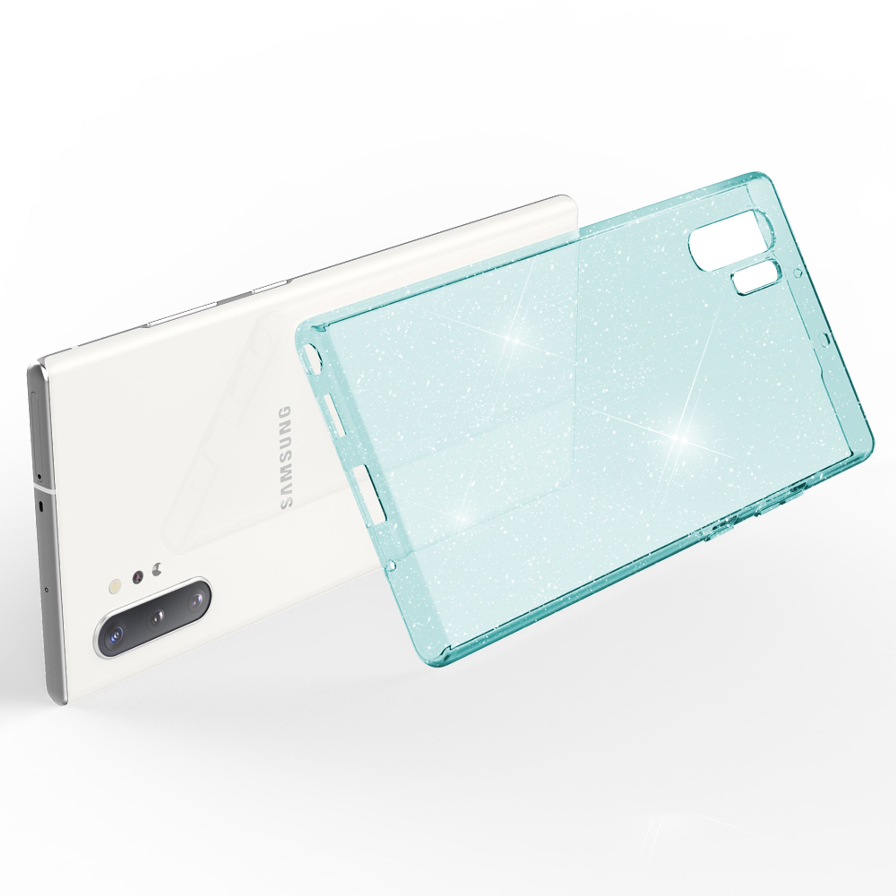 Ein weißes Samsung-Smartphone neben einer durchsichtigen, mintgrünen Handyhülle mit Glitzer.