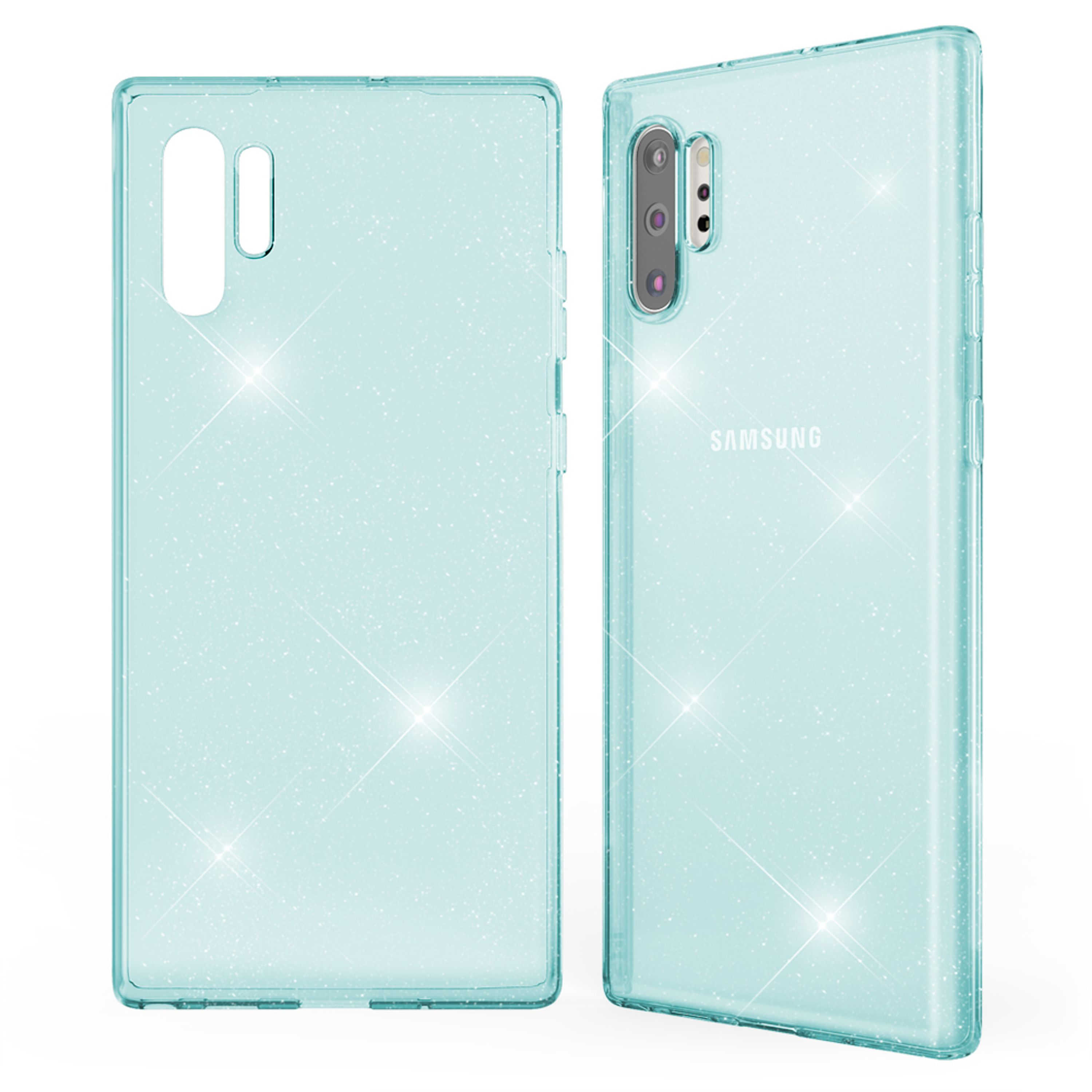 Zwei türkisfarbene Handyhüllen mit Glitzerpartikeln, eine zeigt die Rückseite mit Kameras.