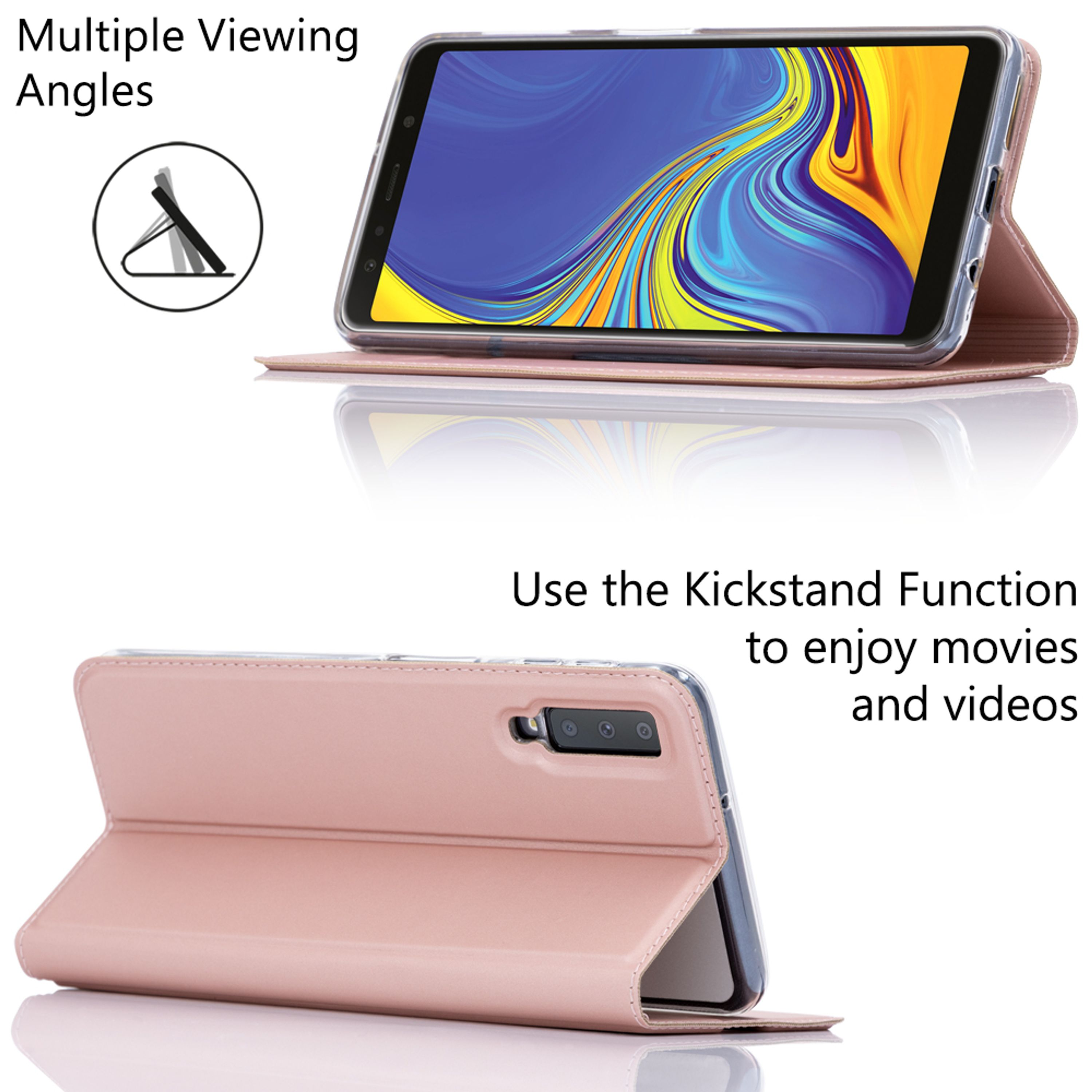 Ein rosa Handyhülle mit integriertem Ständer zeigt ein Smartphone.