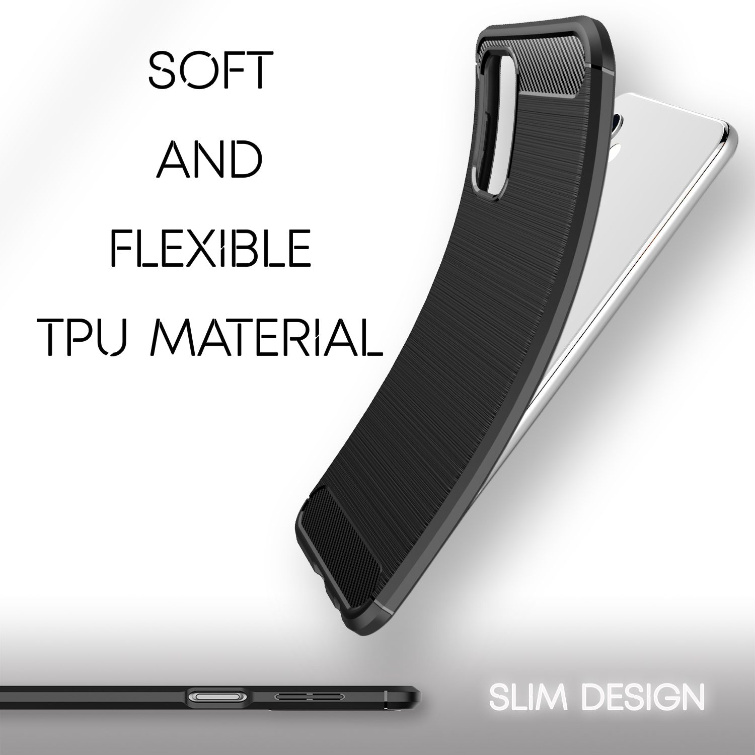Schwarze, texturierte TPU-Handyhülle mit schlankem Design, weiches, flexibles Material.