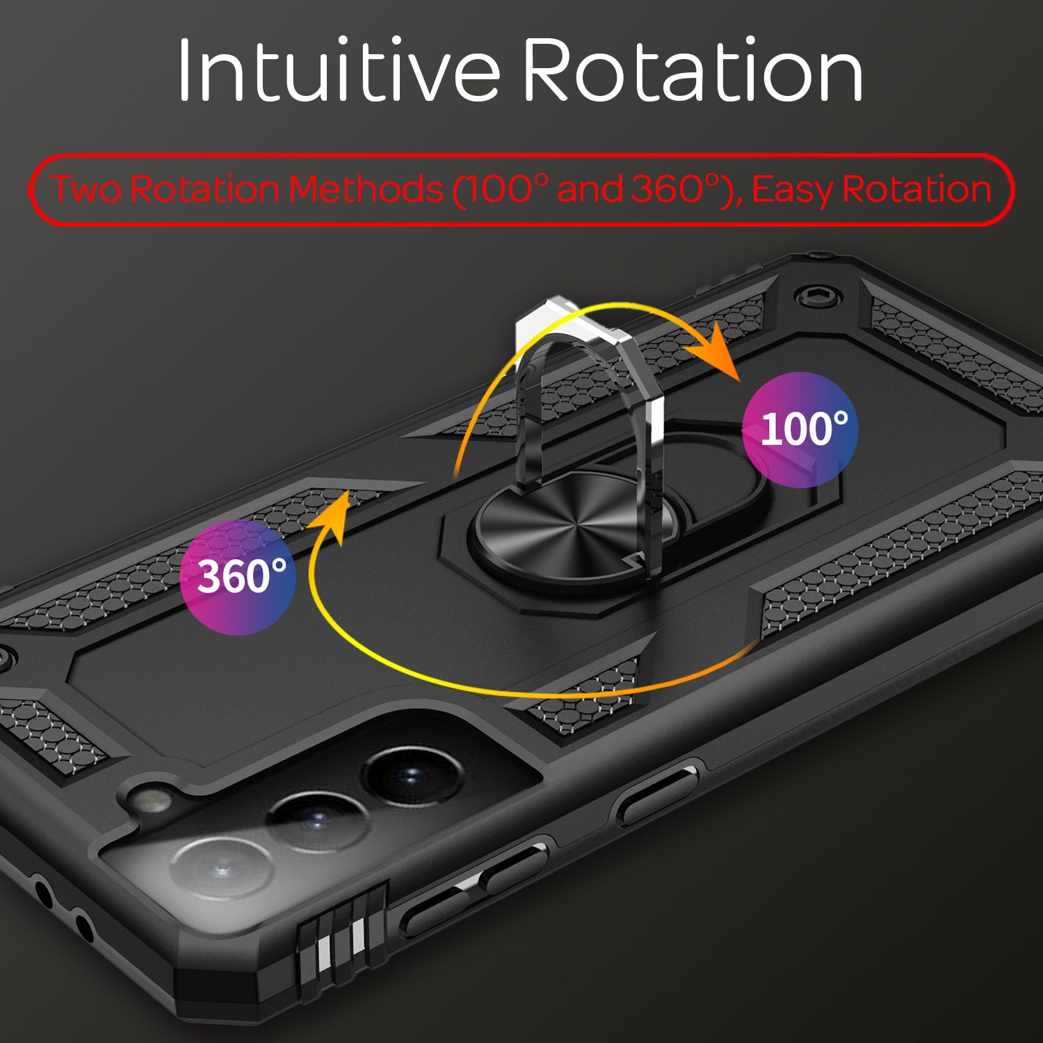 Schwarze Handyhülle mit Ringhalterung, 100° und 360° Rotation.