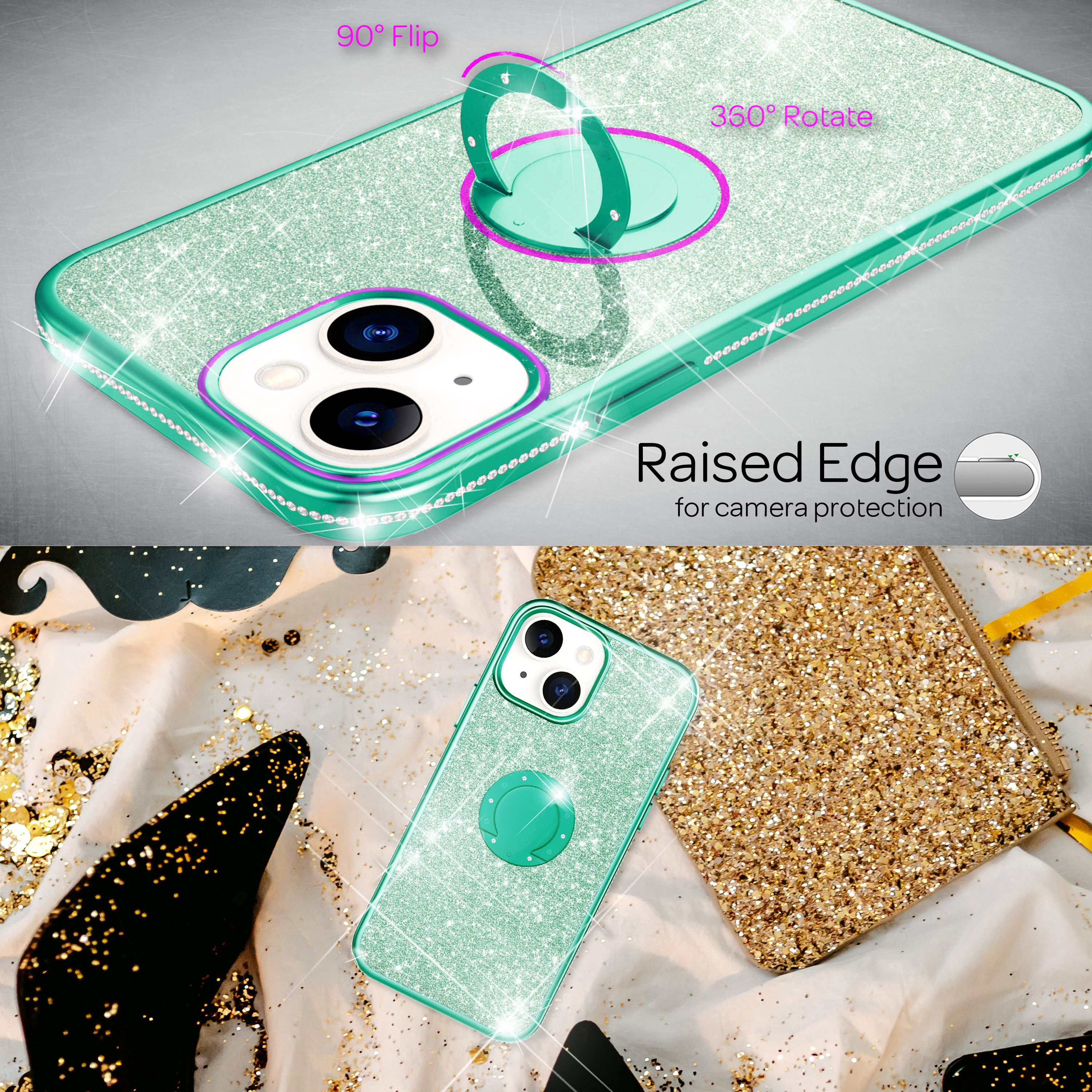Ein glitzernder, mintgrüner Handyhülle mit Ringhalter, Kamera-Schutz und Diamanten.