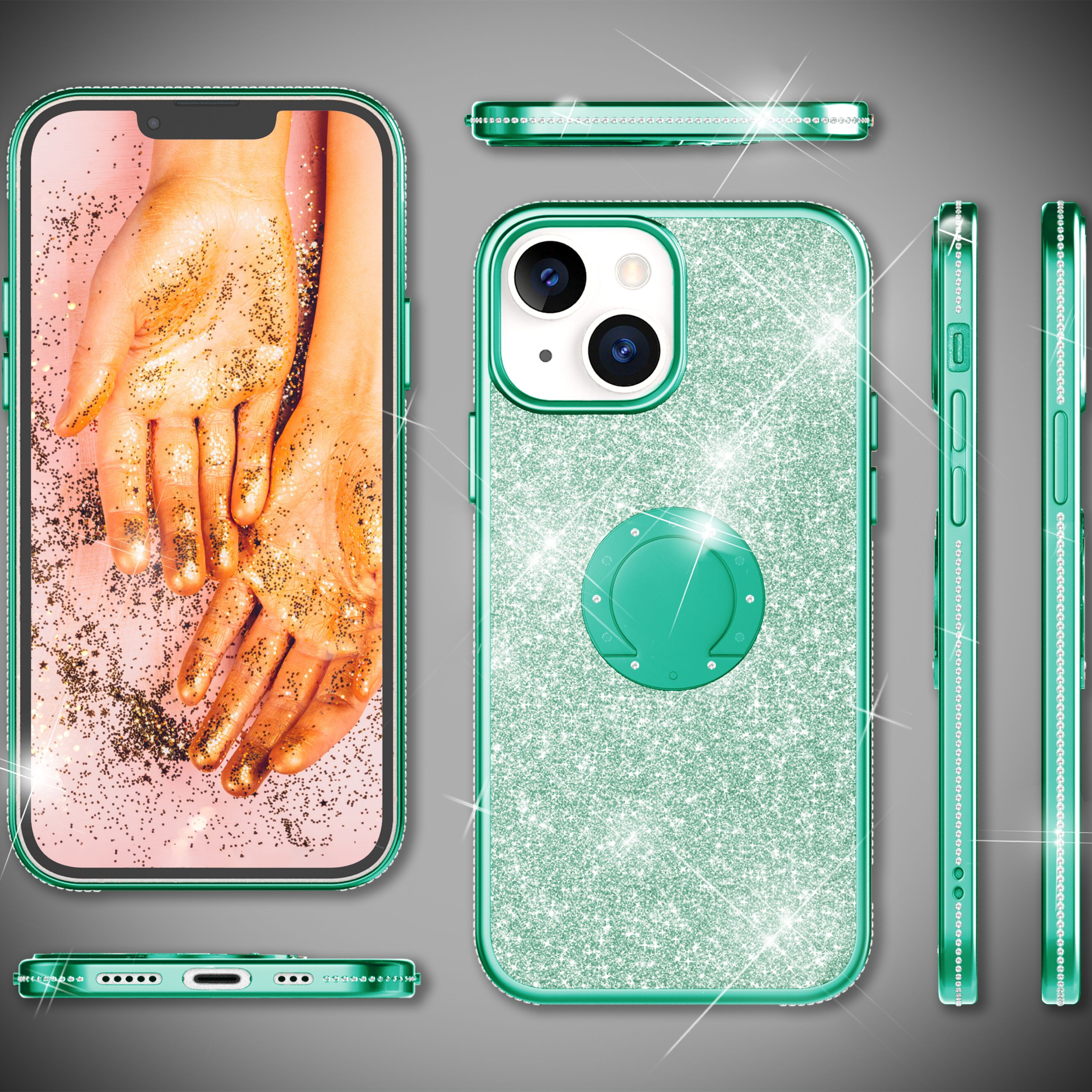 Eine funkelnde grüne iPhone-Hülle mit Ringhalter wird aus mehreren Blickwinkeln gezeigt.