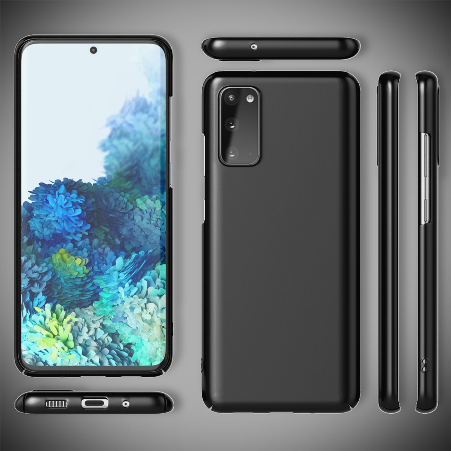 Schwarzes Handy mit blau-grünem Hintergrundbild, Ansichten von vorne, hinten und Seite.