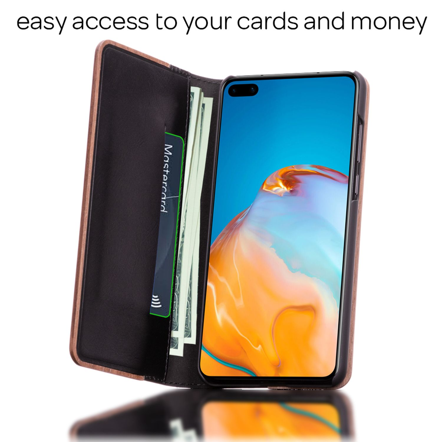 Eine schwarze Brieftasche mit einem Smartphone und Geld.
