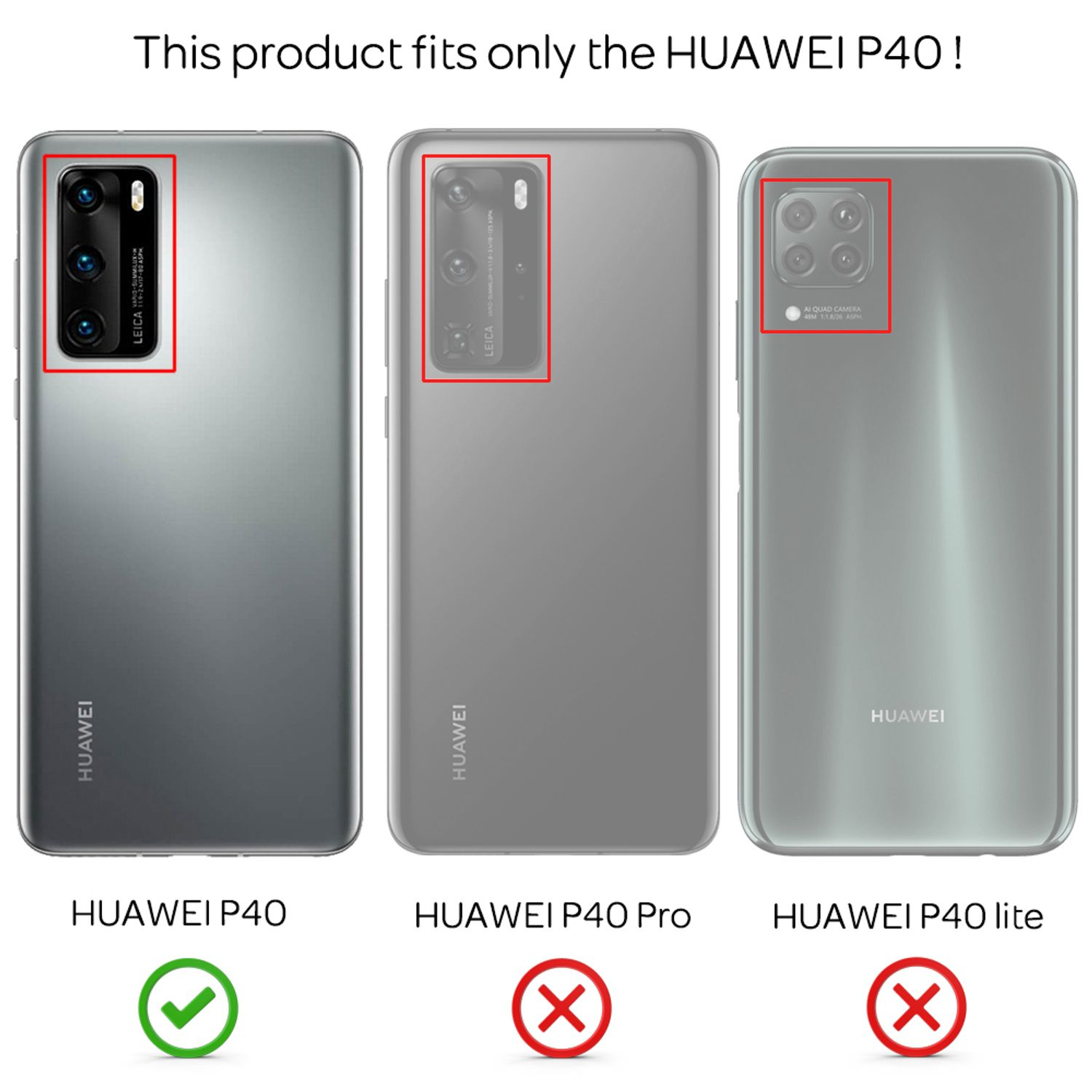 Drei Huawei-Handys: P40, P40 Pro, P40 lite. Nur P40 passt.