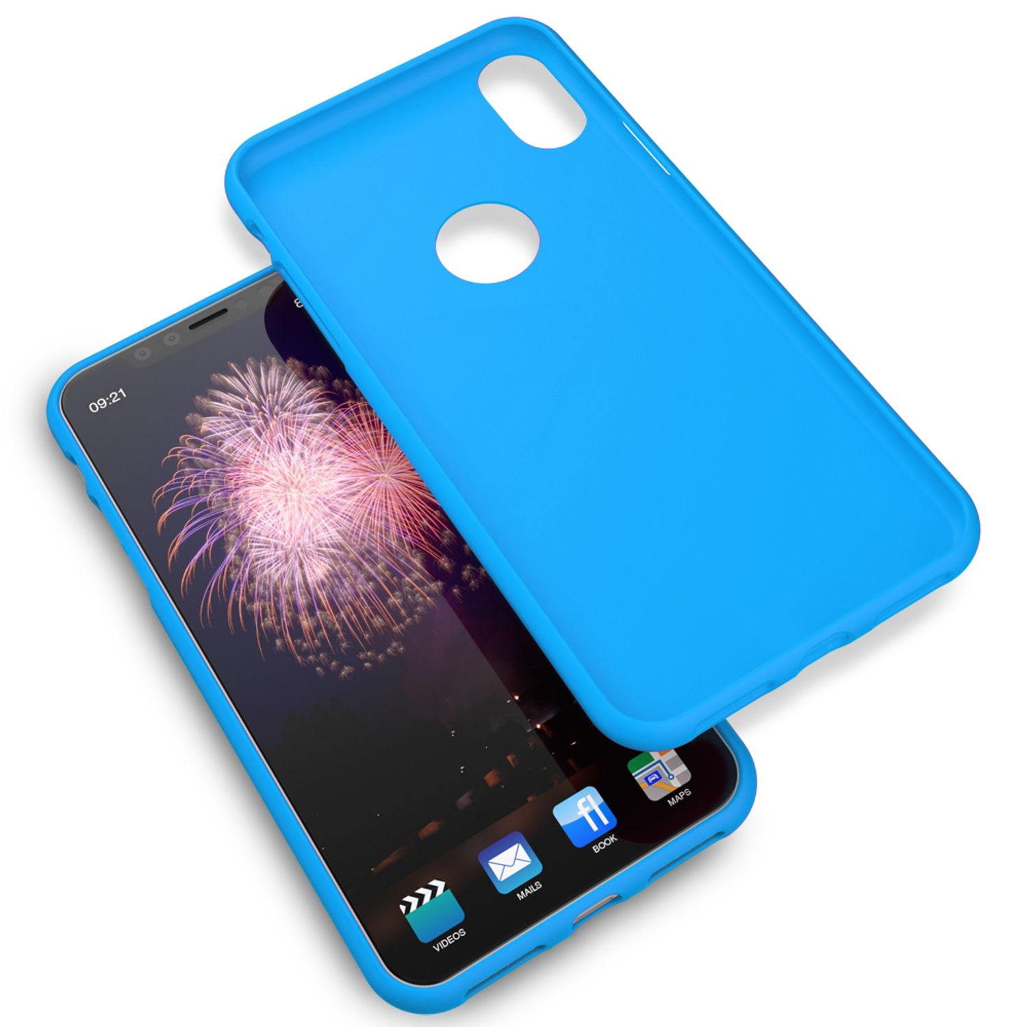 Ein blaues Handycase liegt neben einem Smartphone mit Feuerwerk-Hintergrund.