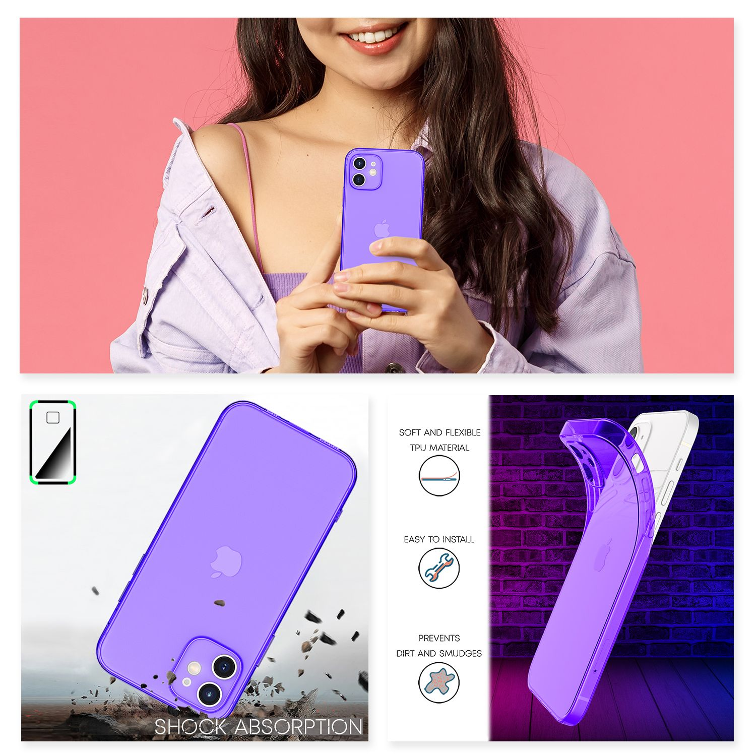 Una donna tiene un iPhone viola, circondato da una custodia trasparente che mostra l'assorbimento degli urti.