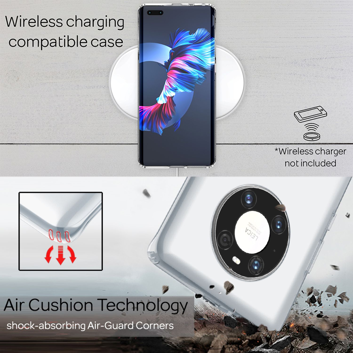 Custodia trasparente per telefono con tecnologia Air Cushion, compatibile ricarica wireless.