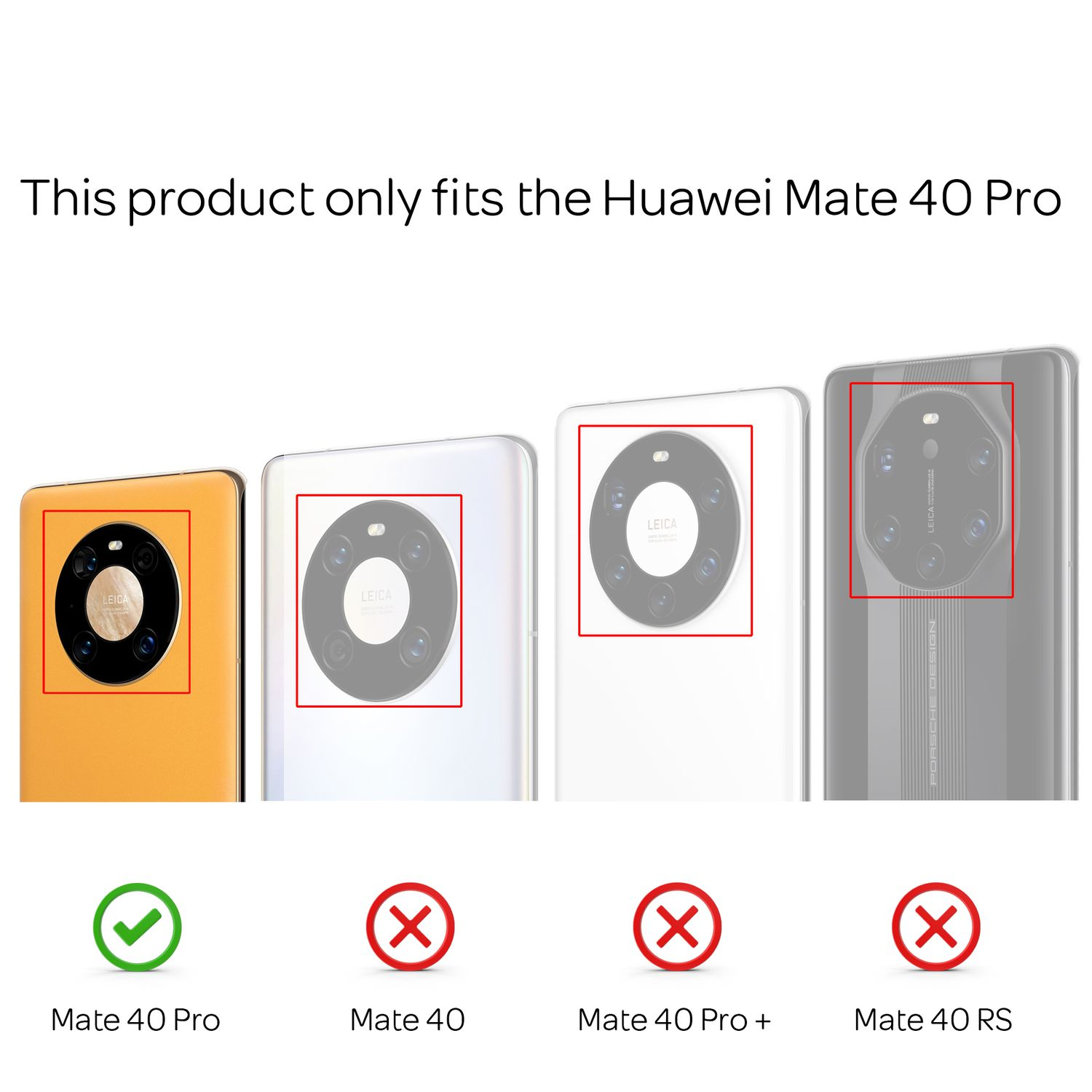 Quattro modelli Huawei Mate 40: Mate 40 Pro (spunta verde) e altri (croci rosse).