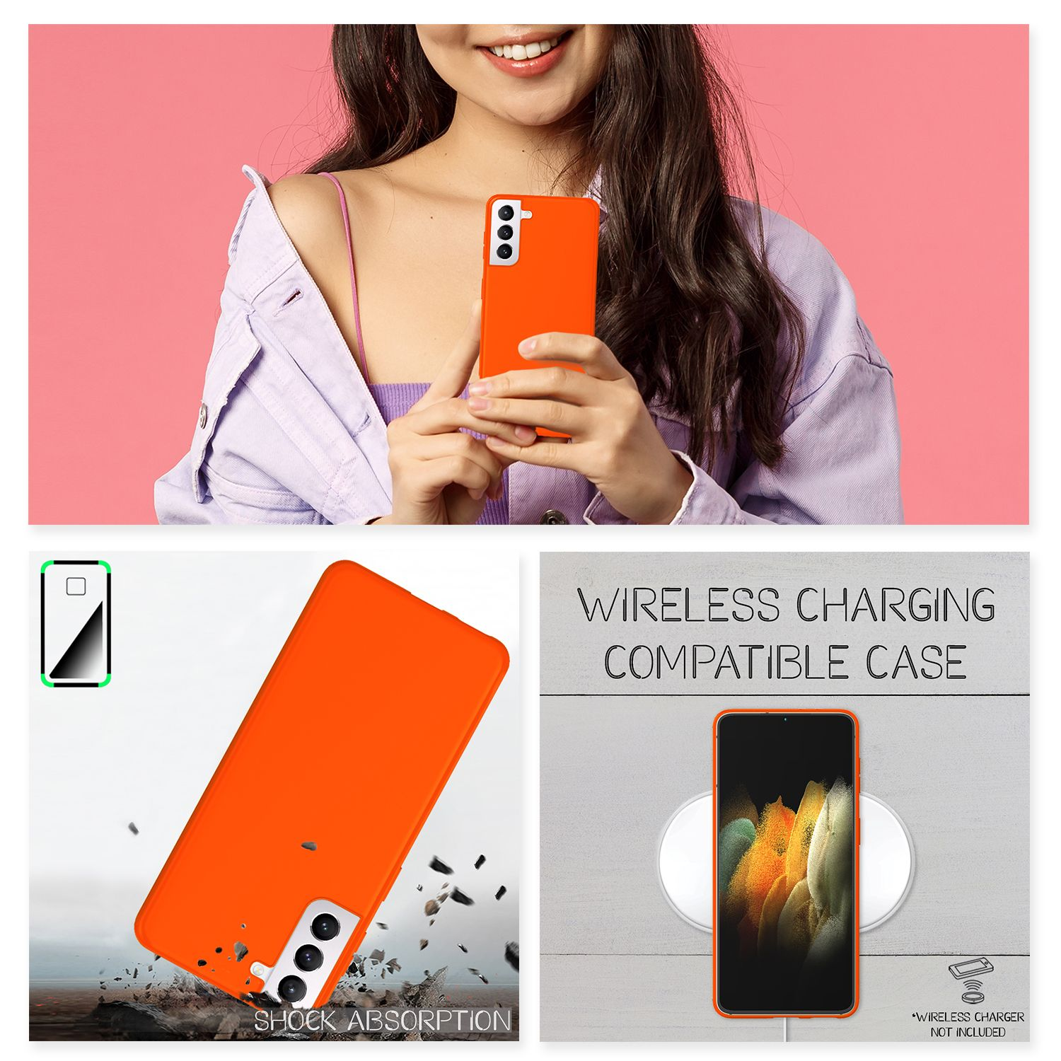 Eine Frau hält ein orangefarbenes Handy mit einer Hülle. Nahaufnahme des Handys und der Hülle.