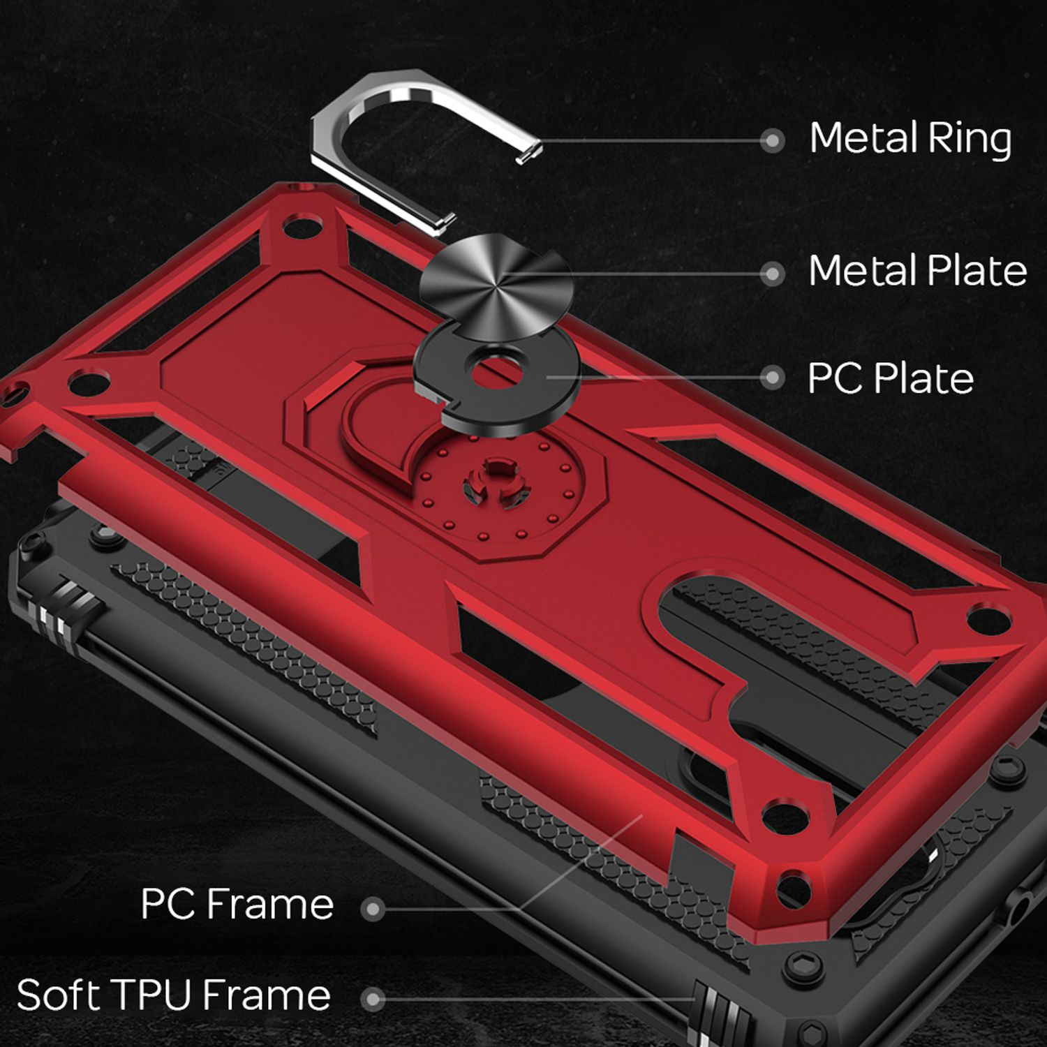Explodierte Ansicht einer roten Handyhülle mit Metallring, Metallplatte, PC-Platte, PC-Rahmen und weichem TPU-Rahmen.