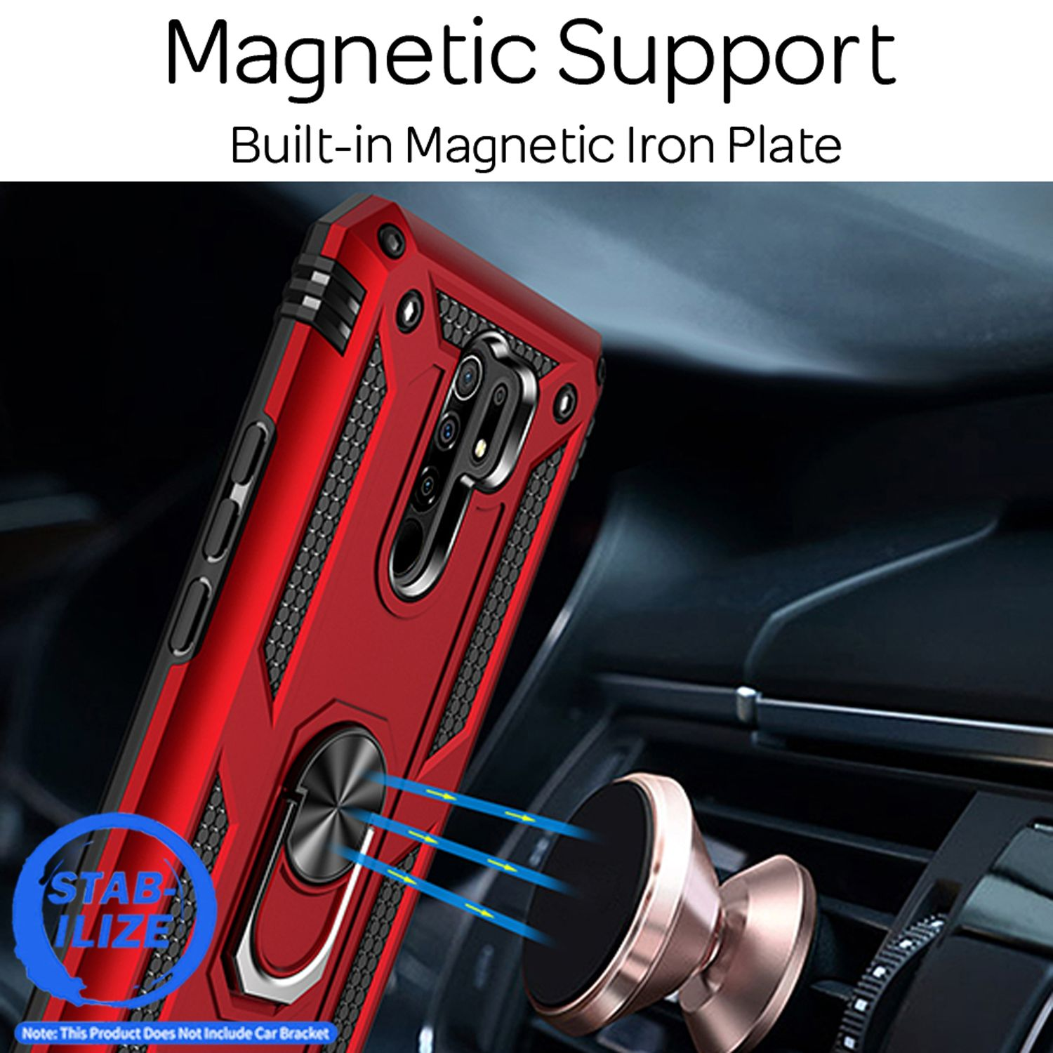 Rote Handyhülle mit Ringhalterung an einem magnetischen Autohalter.