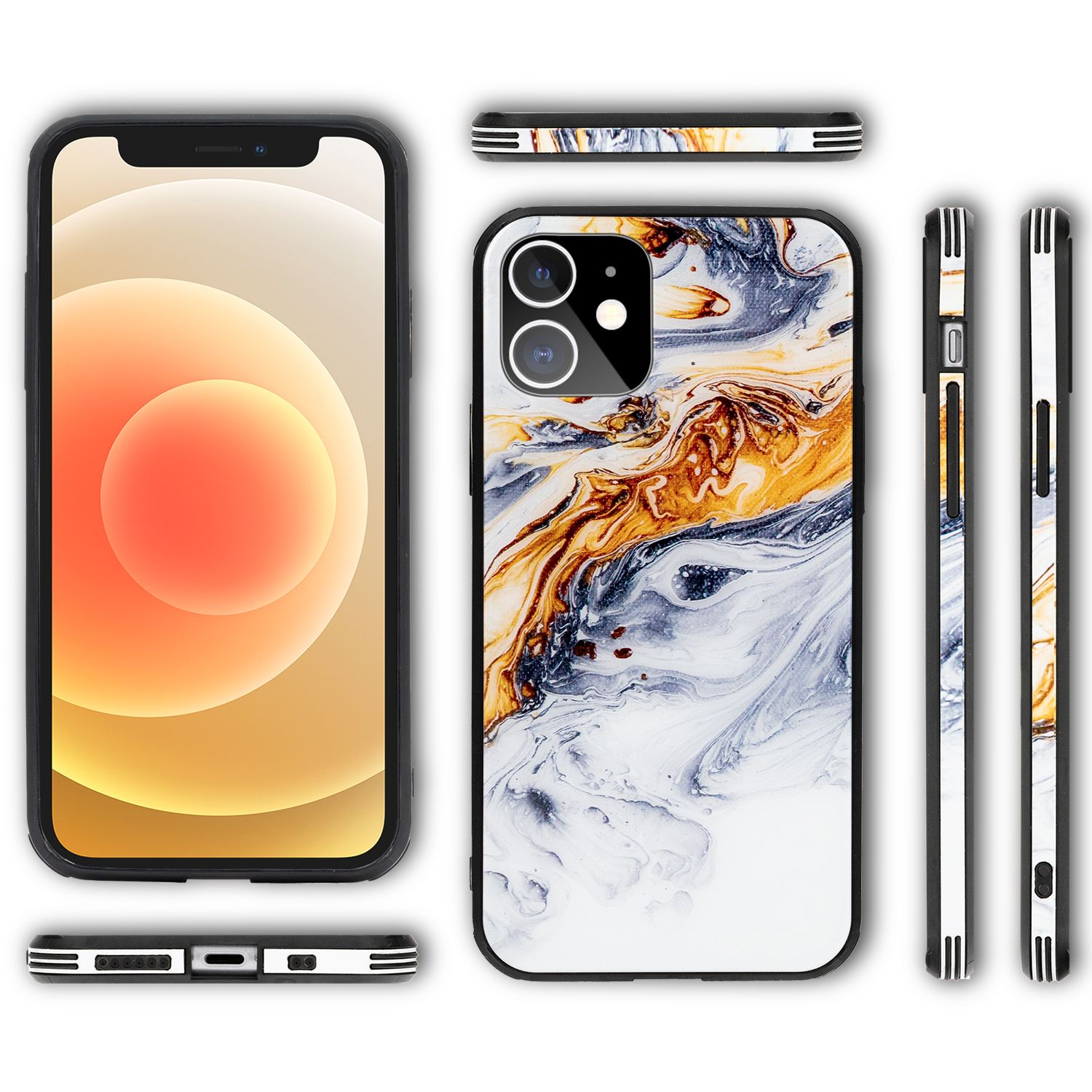 Ein Smartphone mit Marmormuster und drei Ansichten von Hüllen.