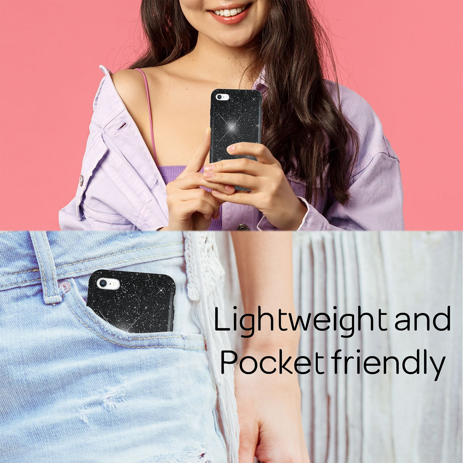 Cover scintillante in tasca jeans; Donna tiene cover scintillante.