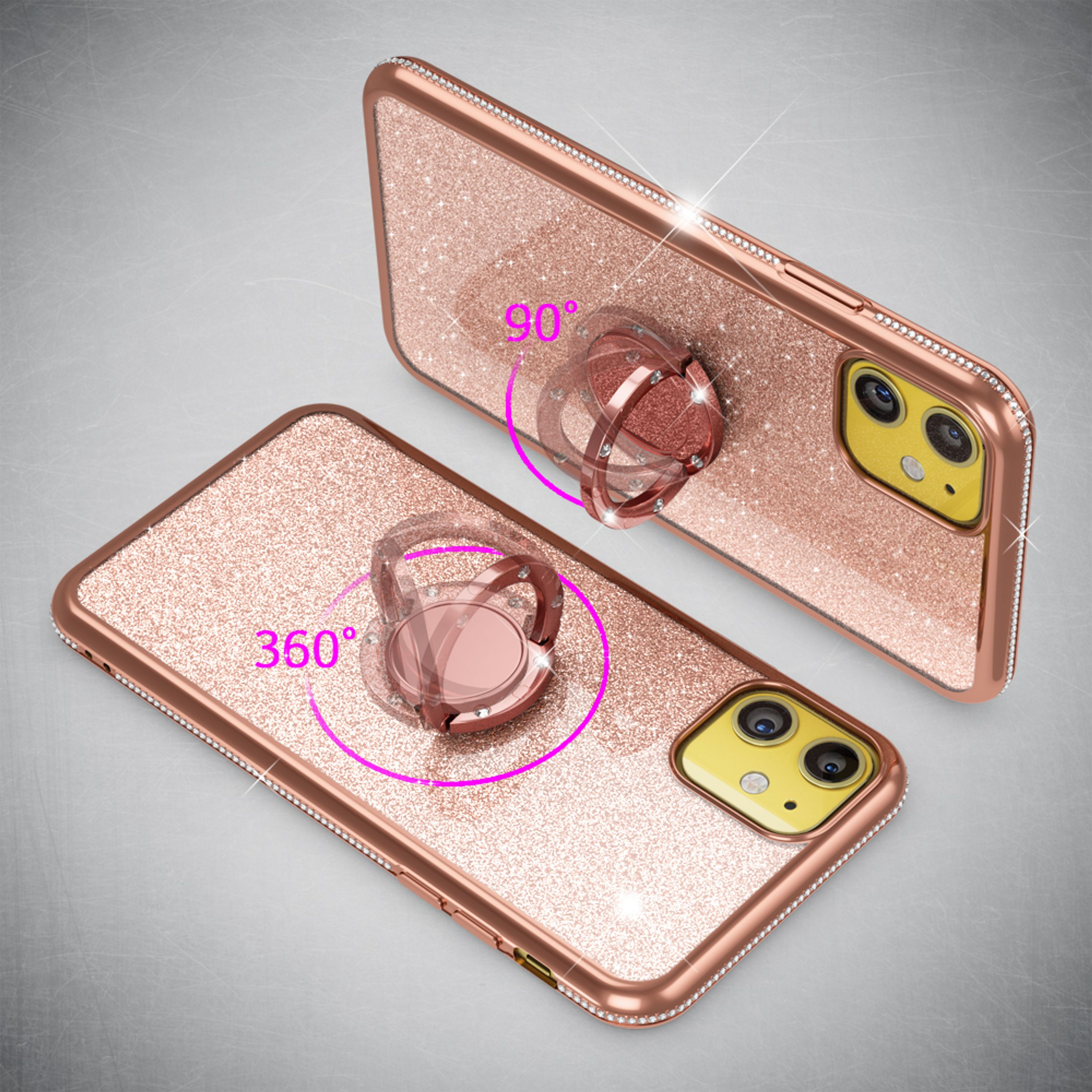 Roségoldenes Handyhülle mit Glitzer, Diamanten und Ringhalter.